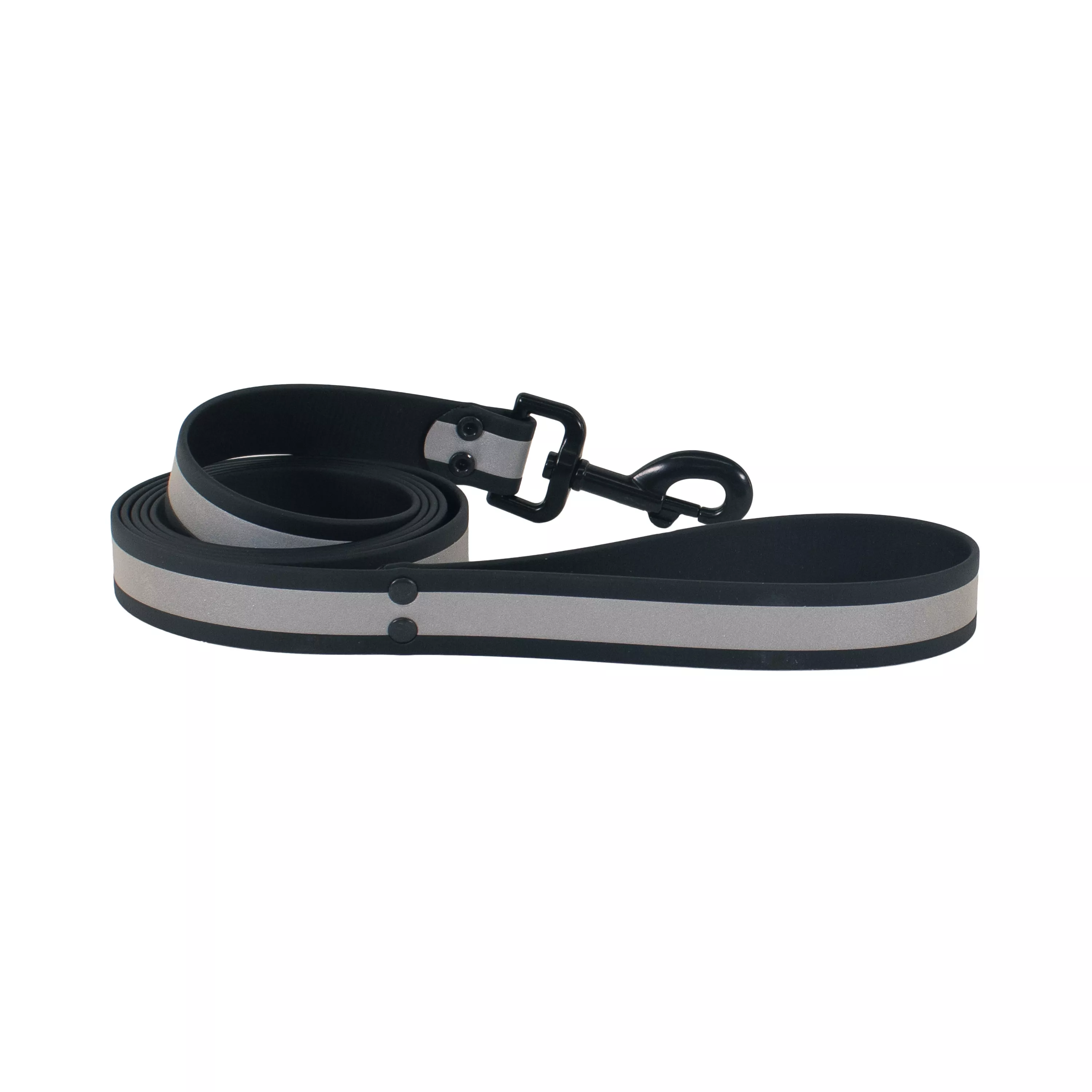 Gray reflective BioThane waterproof leash loosely coiled with the black metal swivel snap resting on the roll.