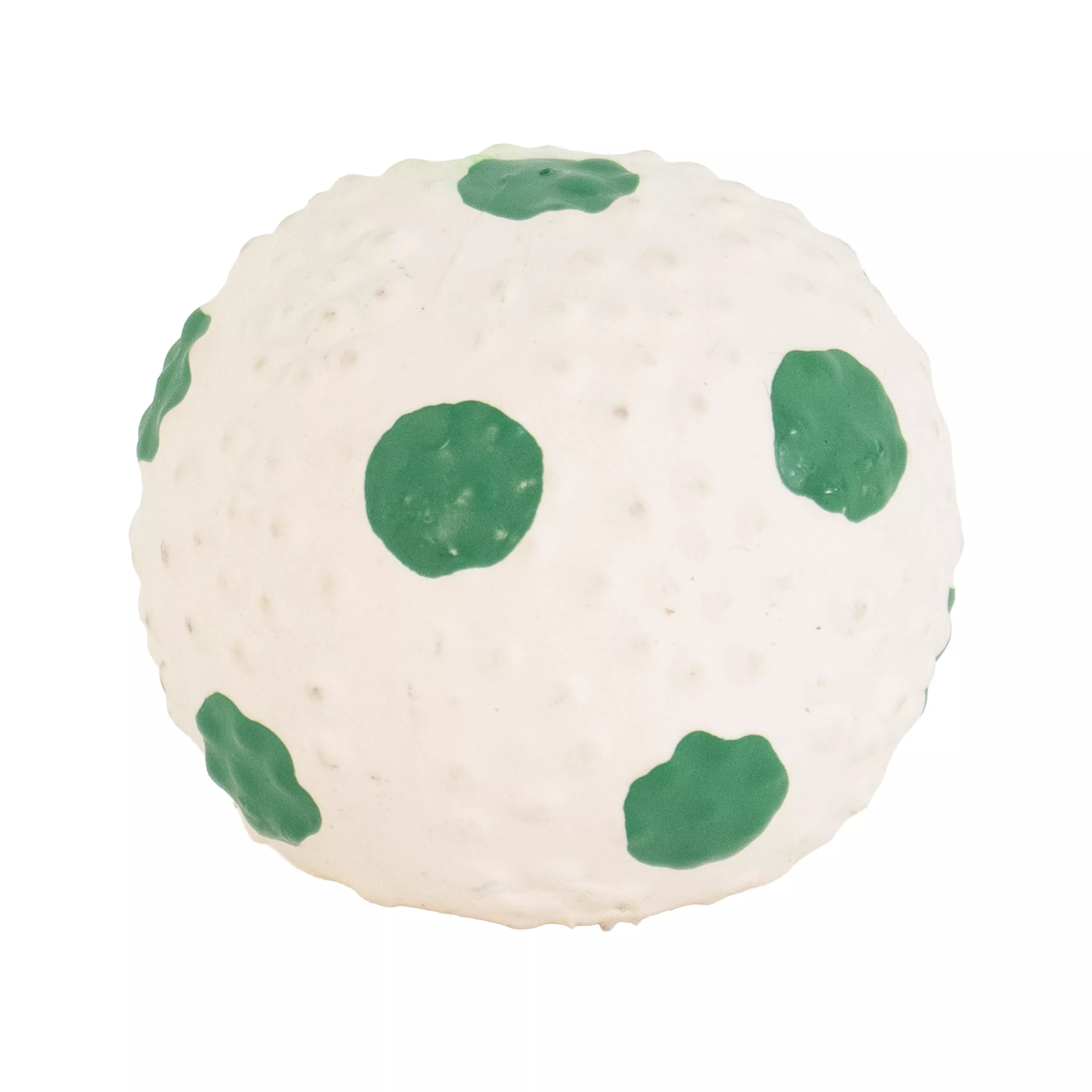 A white latex dog toy shaped like a miniature soccer ball is shown against a white background. The ball features raised green pentagon shapes that mimic a traditional soccer‑ball panel design. The surface has a slightly bumpy texture.