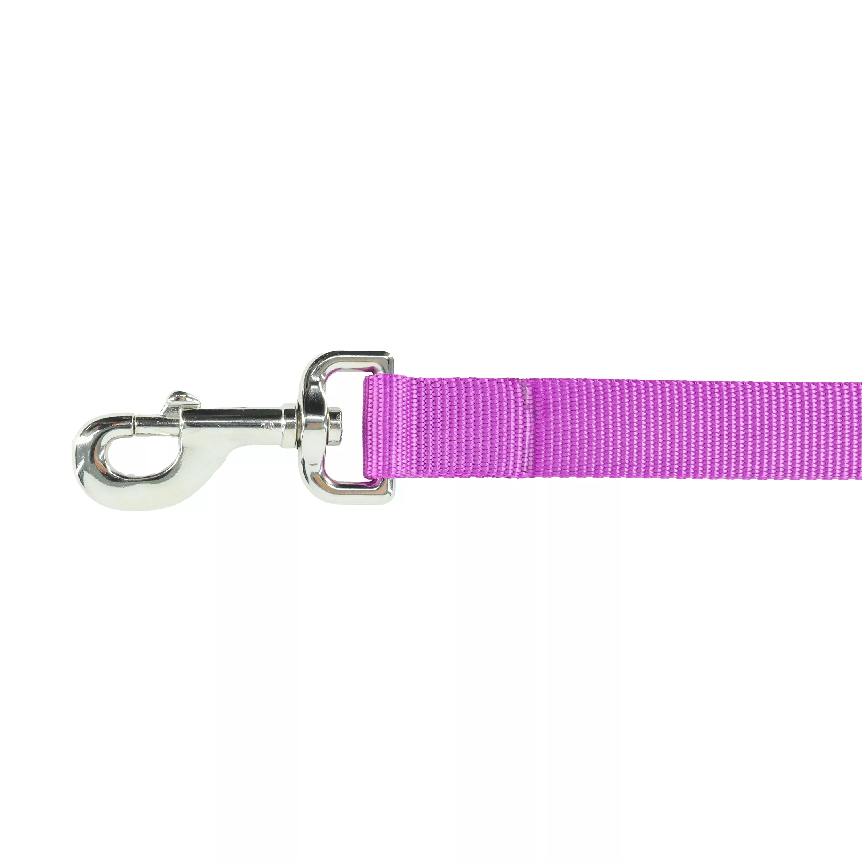 A product‑only close‑up image of an orchid single‑ply dog leash displayed against a white background. The leash is made of flat woven nylon in a light purple color with a ribbed texture. The visible end of the leash features a silver‑tone metal swivel bolt‑snap clasp connected by a folded and reinforced stitched strap loop. Only a short section of the leash strap and the clasp are shown in the frame.
