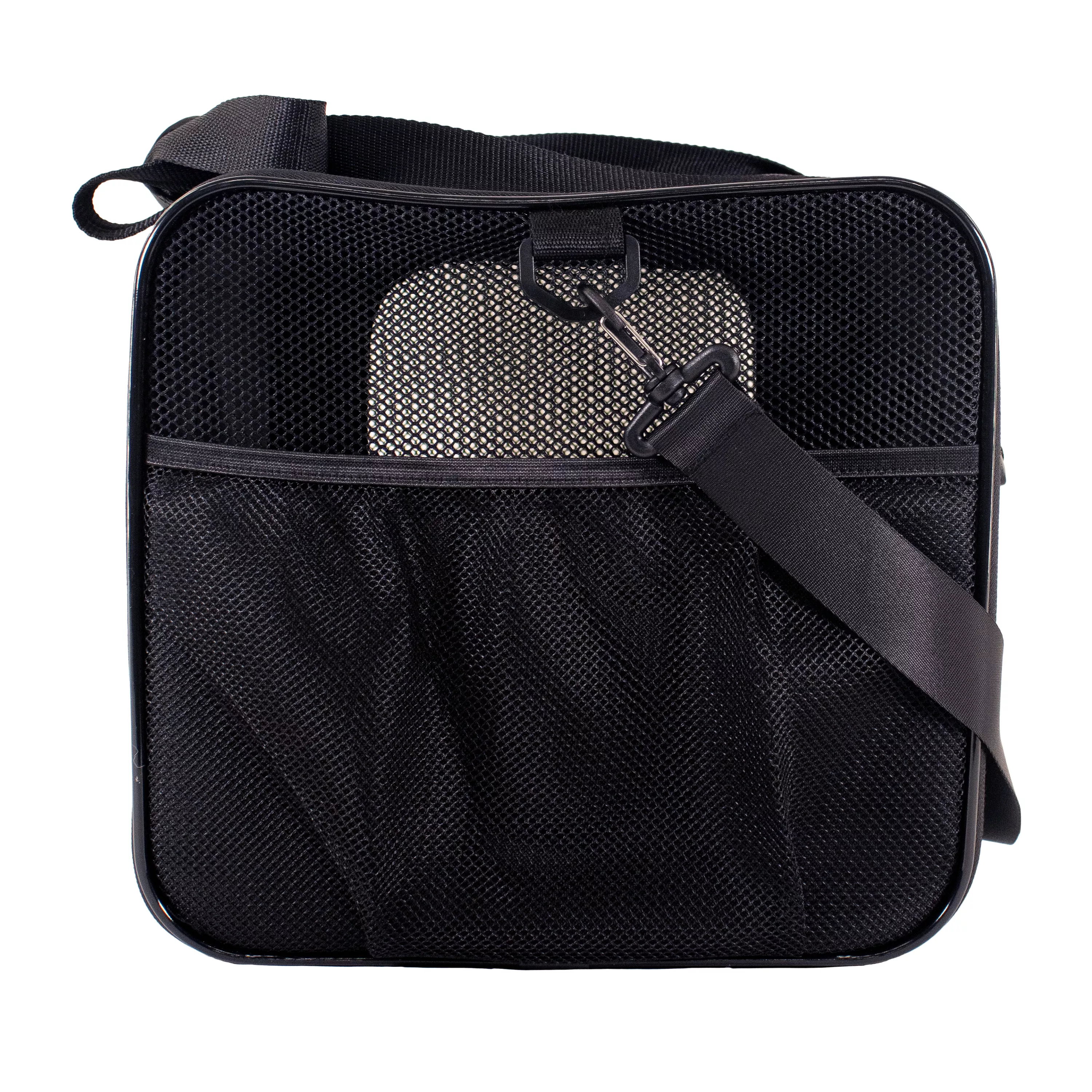 Side view of a black pet carrier with a mesh panel, an exterior mesh pocket, and an adjustable shoulder strap clipped to a D‑ring across the front.