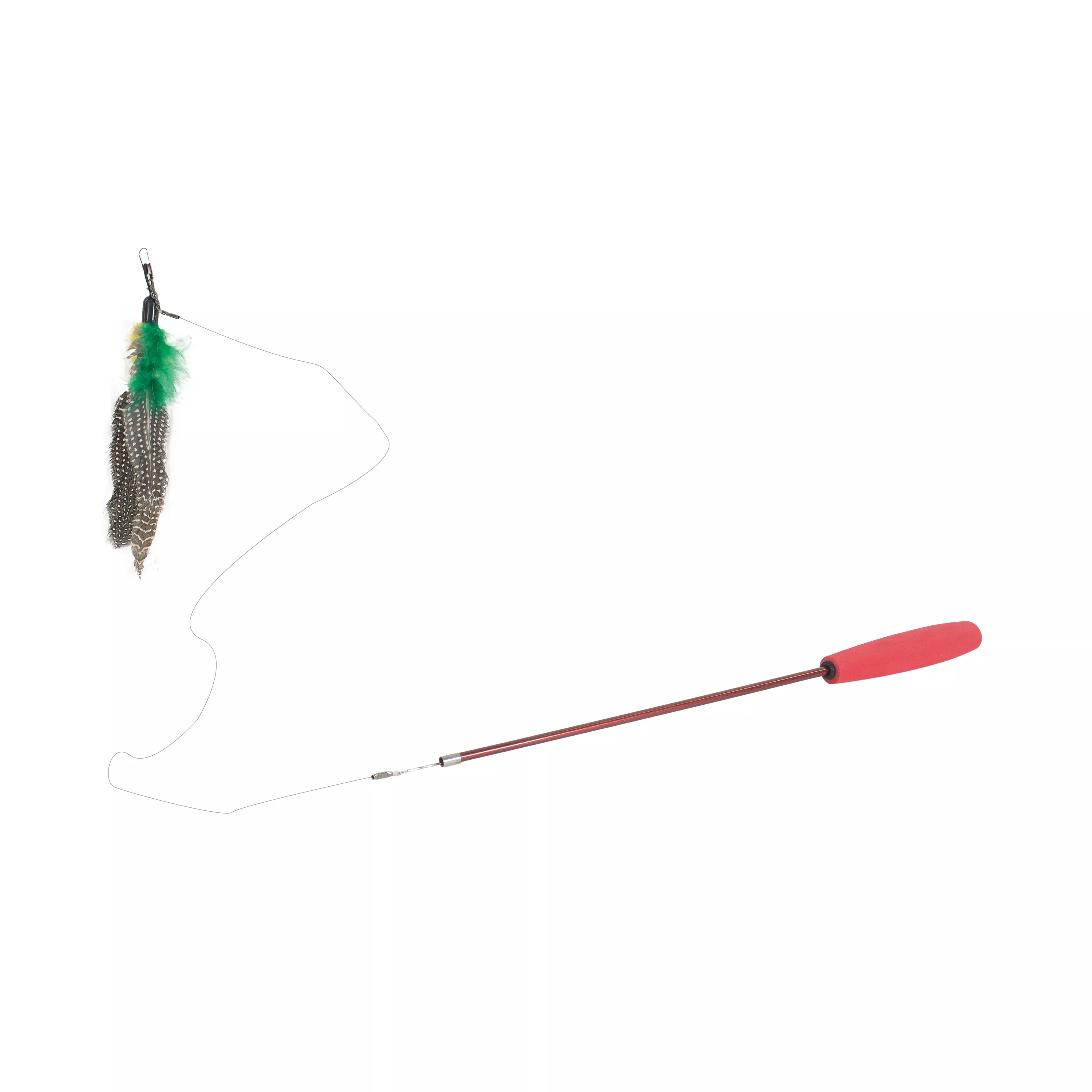 A telescoping flying teaser cat toy is displayed against a white background. The toy features a long red telescoping wand angled diagonally. A thin cord extends from the tip, ending in a feather attachment composed of black‑and‑white speckled feathers with green and pink accent feathers. The wand has a smooth, matte finish.