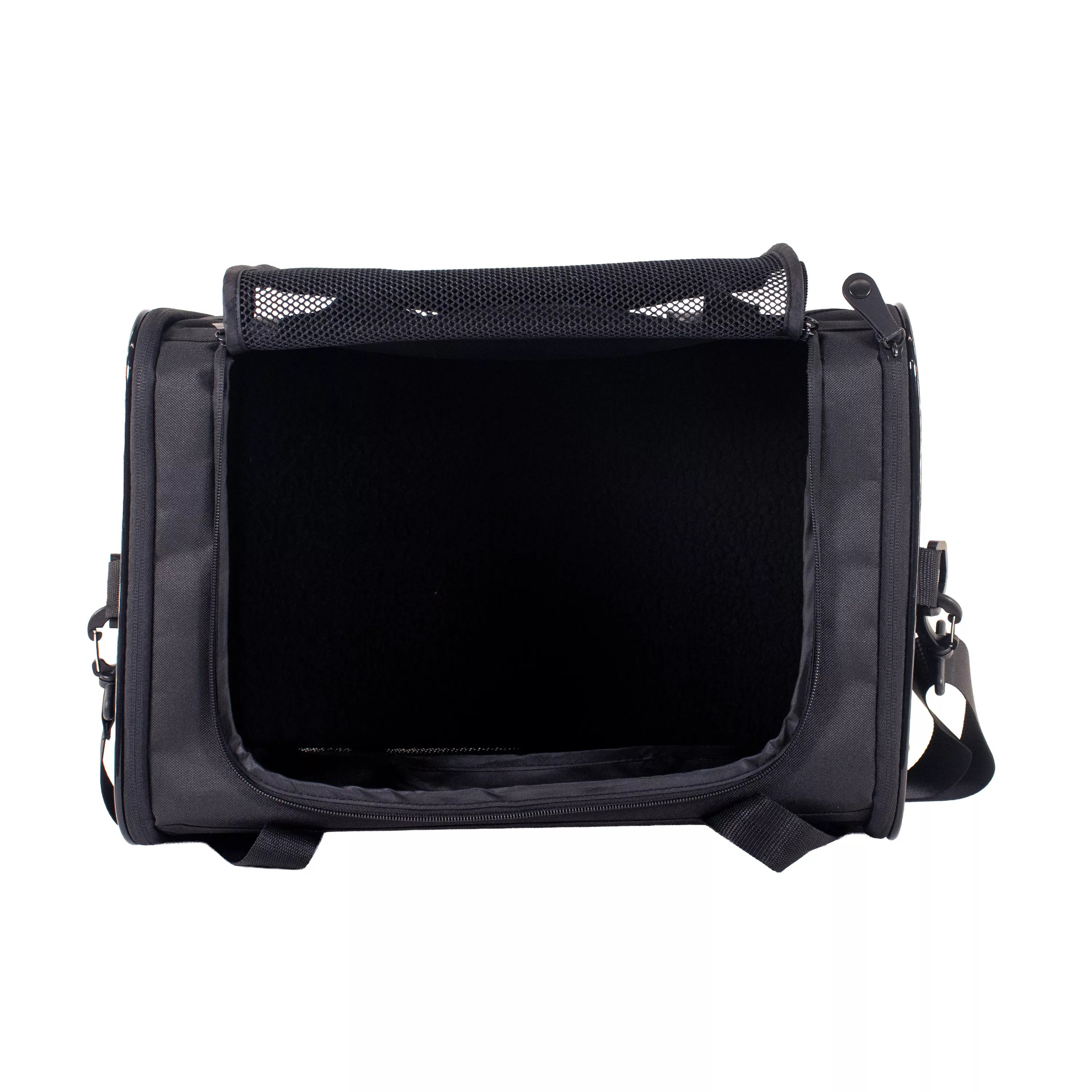 Top view of a black pet carrier with a large mesh ventilation panel on the lid that is open and zippered access along the edge, with shoulder strap hardware visible on the sides.