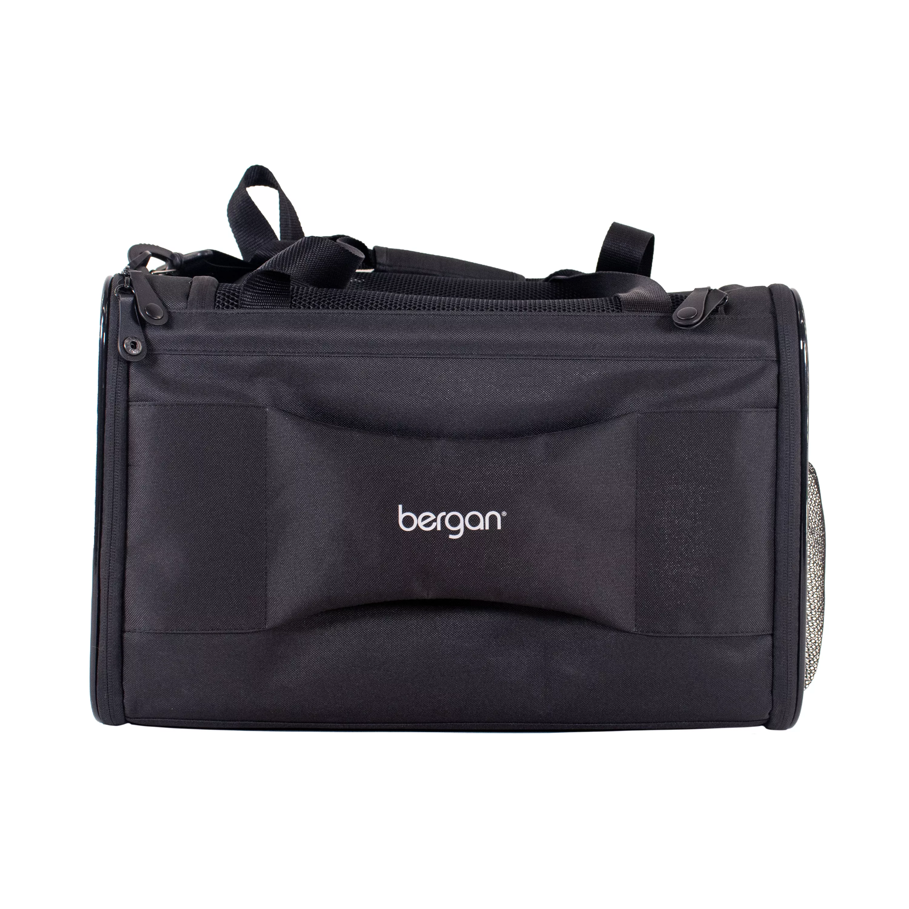 Rear view of a black pet carrier with a luggage strap across the back, showing the padded panel, zippered top, and mesh pocket on the side.