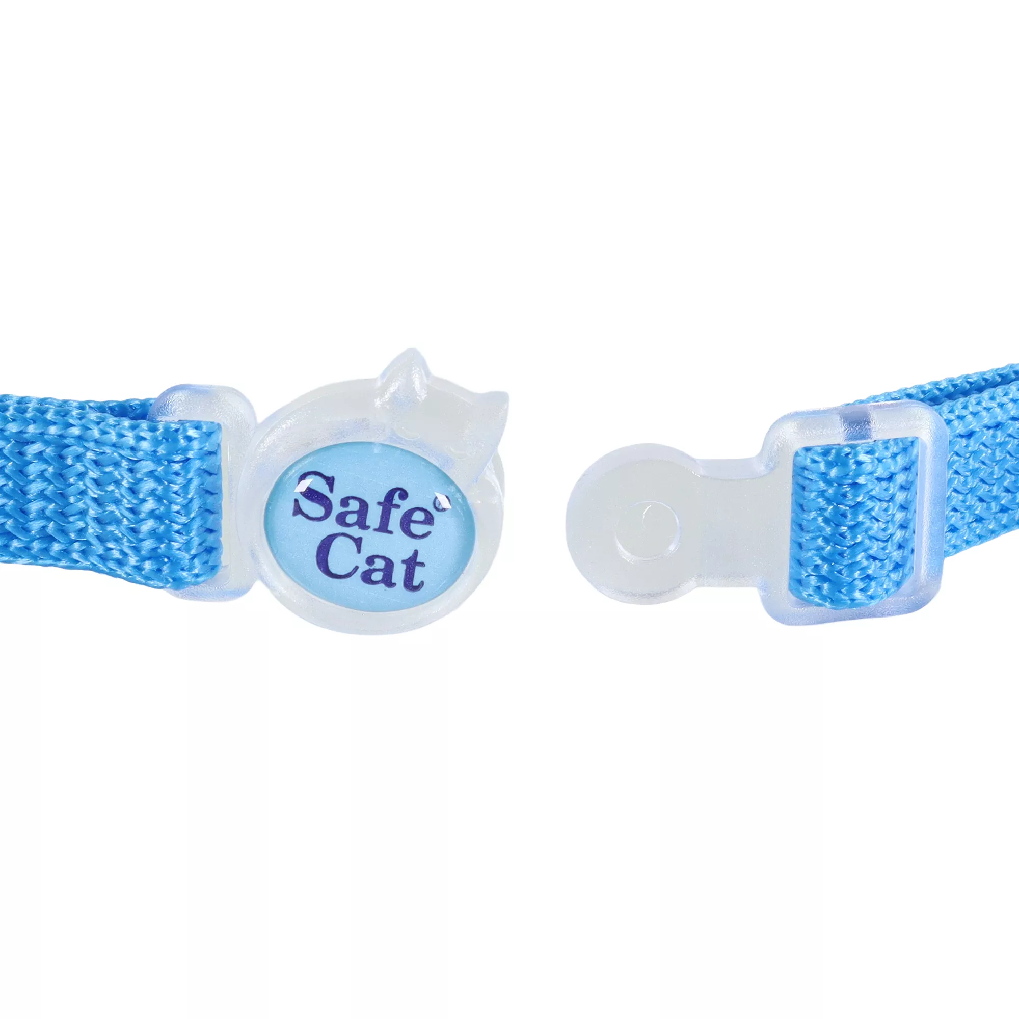 A close‑up product image of an adjustable snag‑proof breakaway collar in a color called blue lagoon. The collar is light blue with a matching buckle printed with the text “Safe Cat®.” A small silver bell hangs from a metal ring near the buckle.