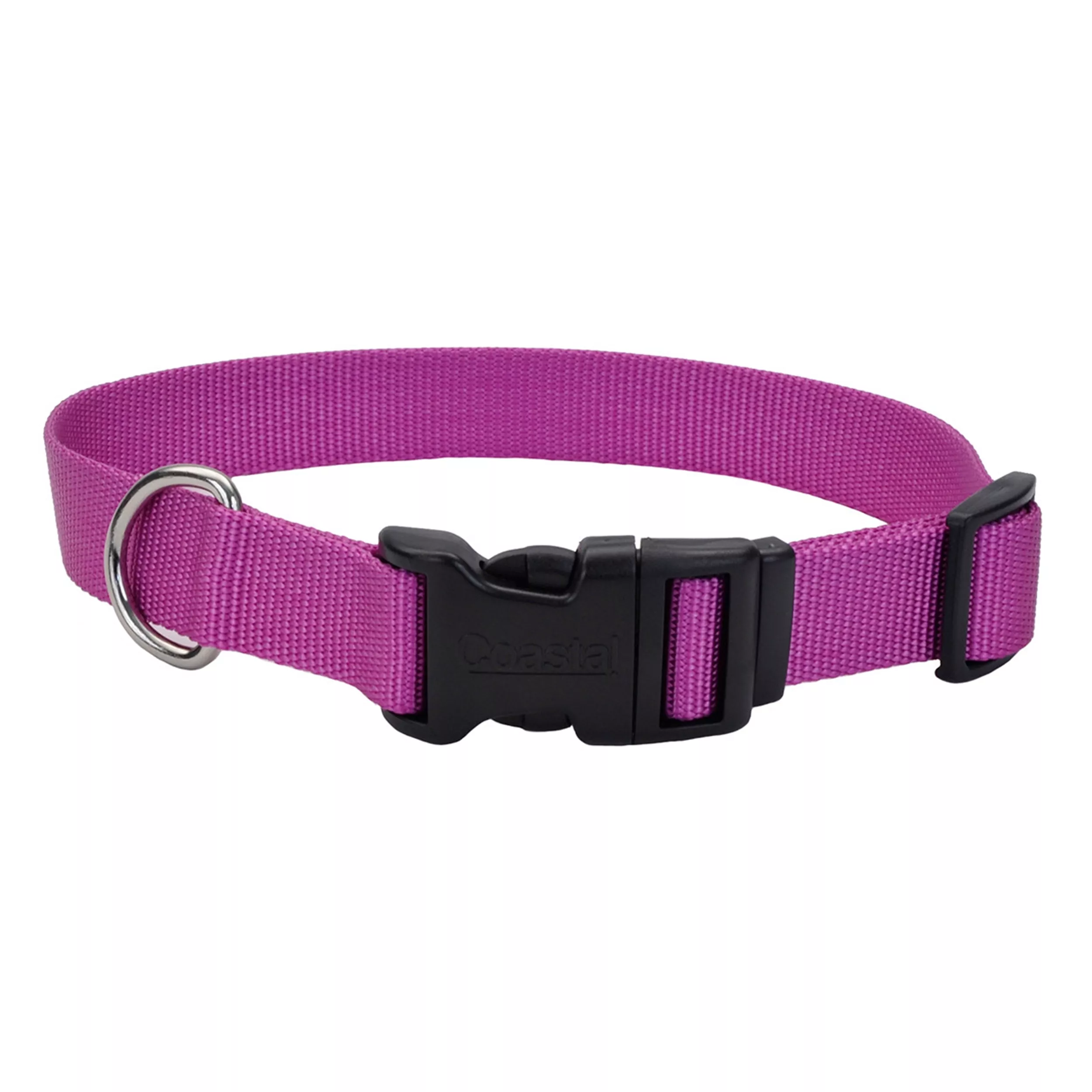 A product‑only image of a light purple adjustable dog collar on a white background. The collar features a woven nylon strap with a ribbed texture. A black plastic side‑release buckle sits at the center, and a matching black plastic adjustment slider is positioned along the strap. A silver‑tone metal D‑ring is attached next to the buckle with reinforced stitching at the strap loop.