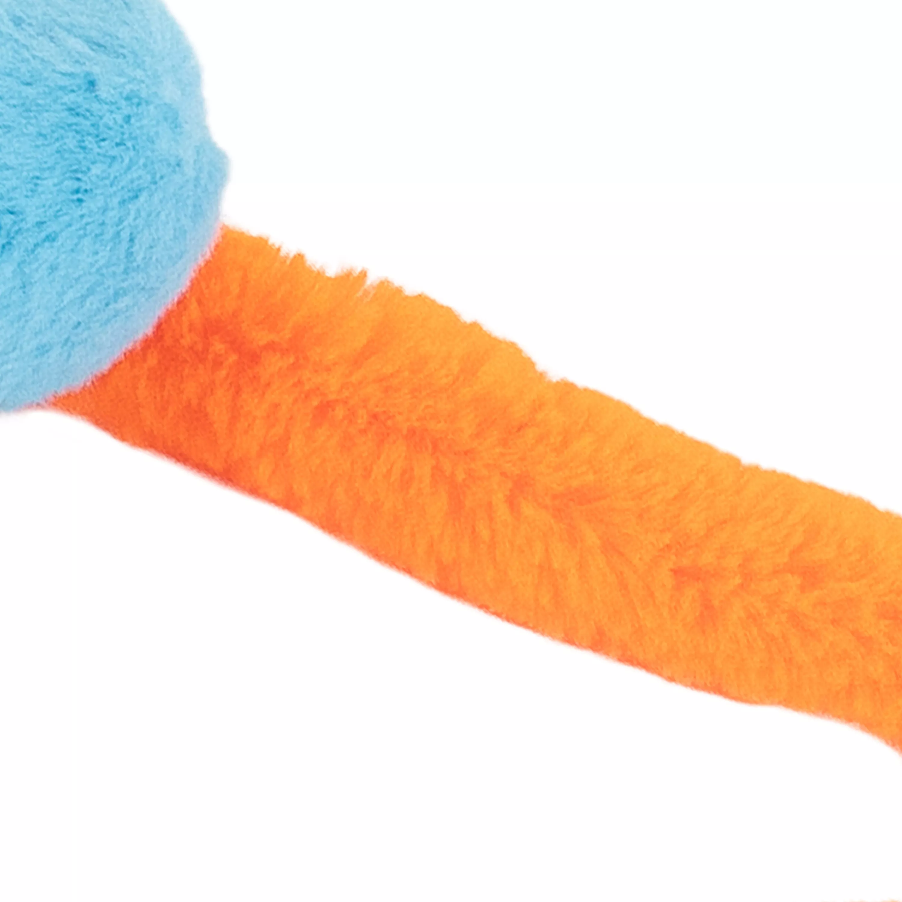 Blue plush mouse cat toy with an orange fabric tail and ears, black stitched whiskers, and a small fabric tag attached, shown isolated on a white background.