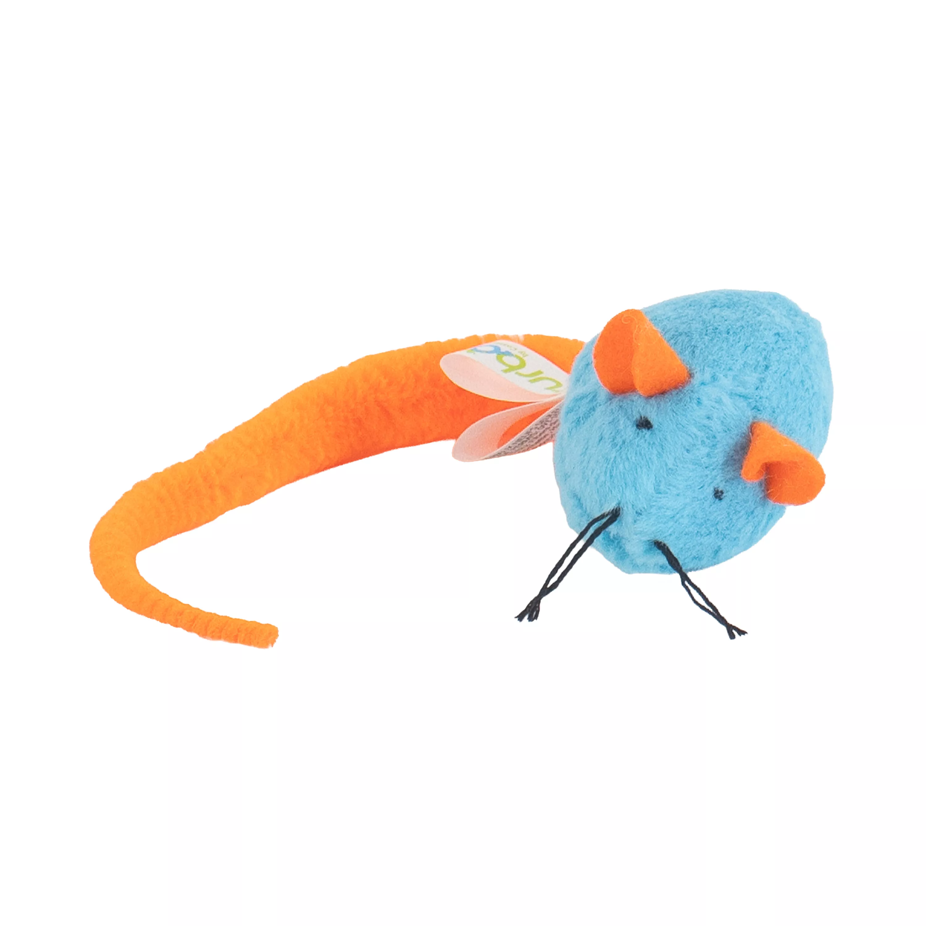 Blue plush mouse cat toy with an orange fabric tail and ears, black stitched whiskers, and a small fabric tag attached, shown isolated on a white background.