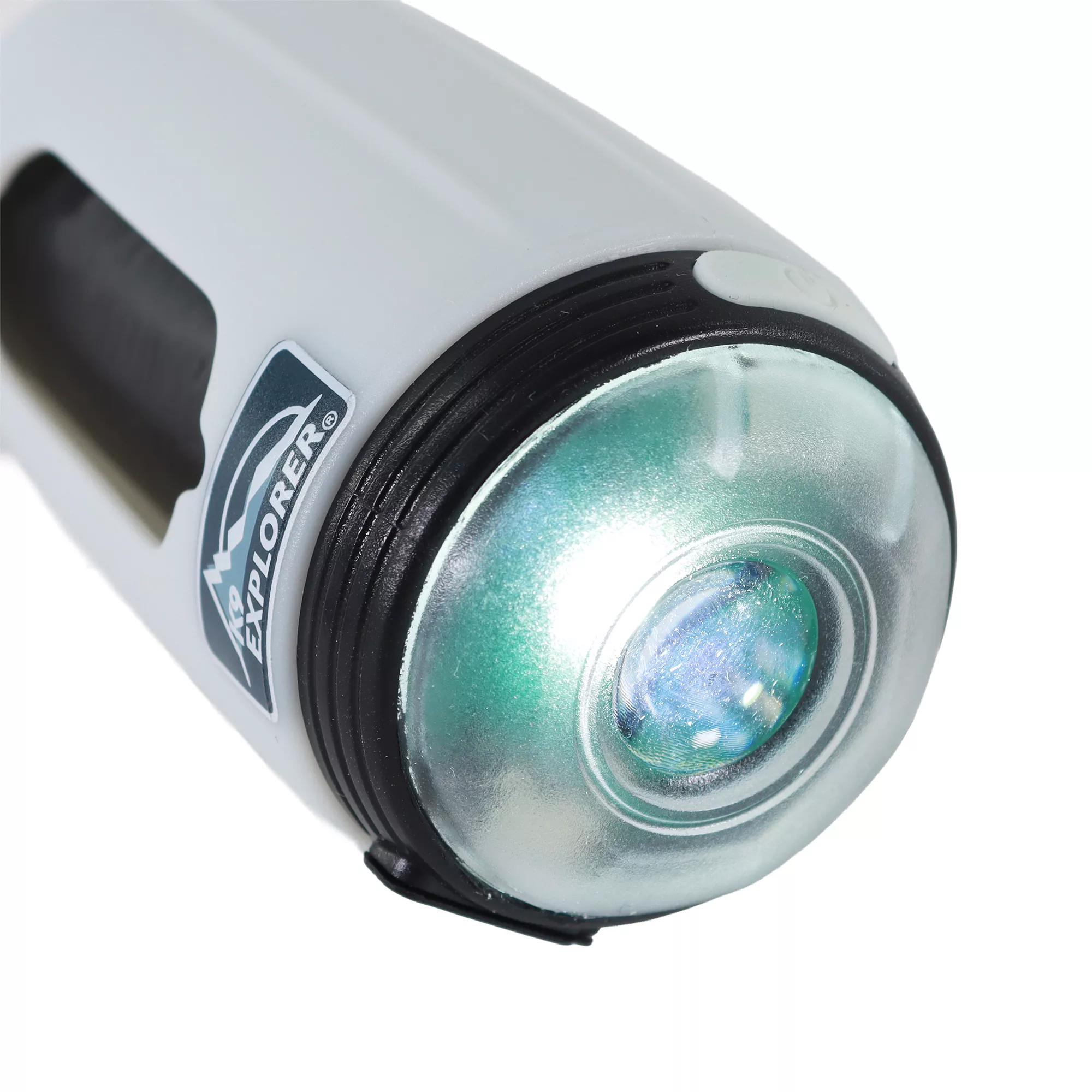 A gray waste bag dispenser with an integrated light is displayed close up against a white background. The body features a black viewing window and textured trim along the sides. A clear rounded light lens forms the front end of the device.