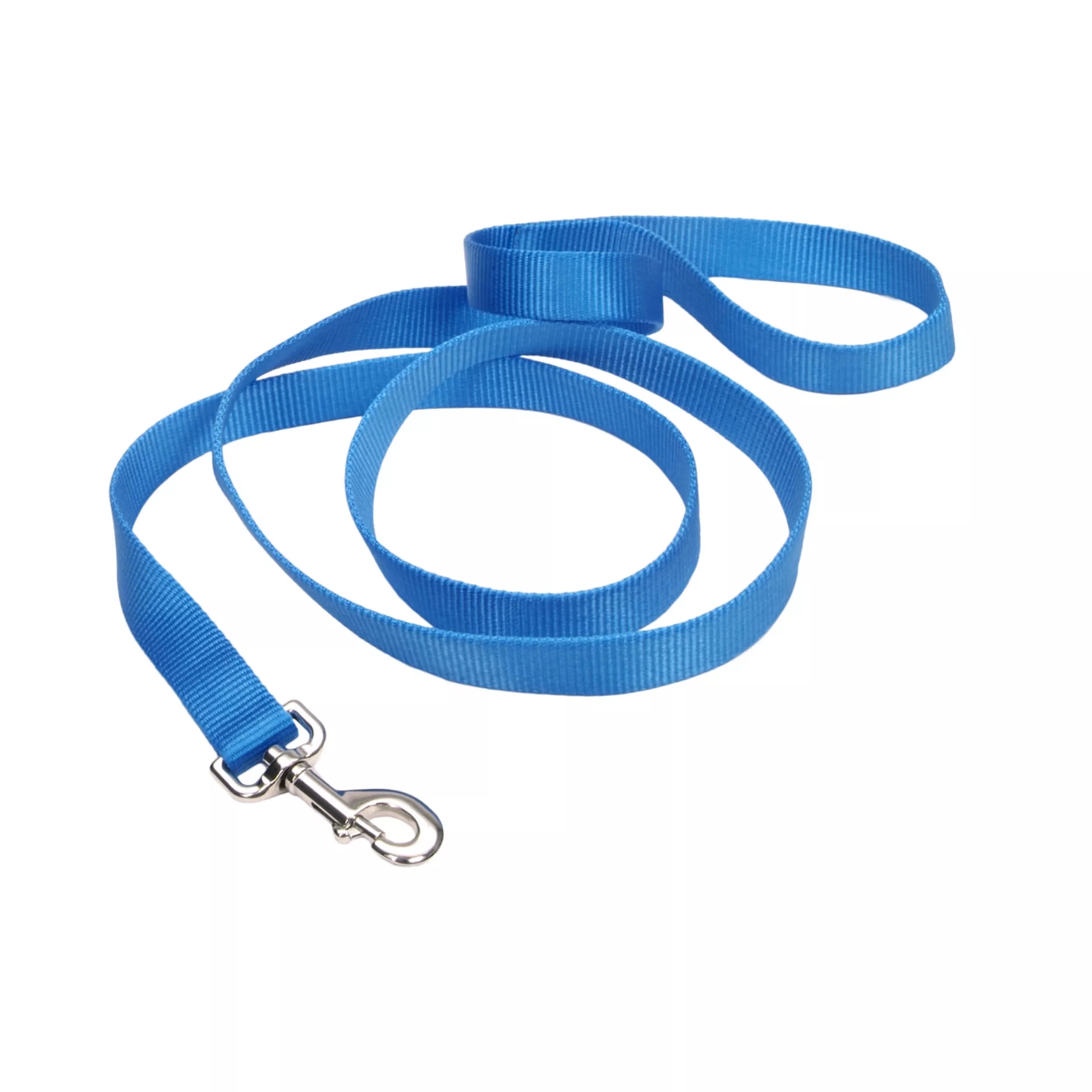 A product‑only image of a Blue Lagoon single‑ply dog leash displayed against a white background. The leash is made of woven nylon with a ribbed texture and a bright blue‑lagoon color. One end contains a looped handle, and the opposite end features a silver‑tone metal swivel bolt‑snap clasp attached with a folded stitched section. The leash is coiled to show its length and material.