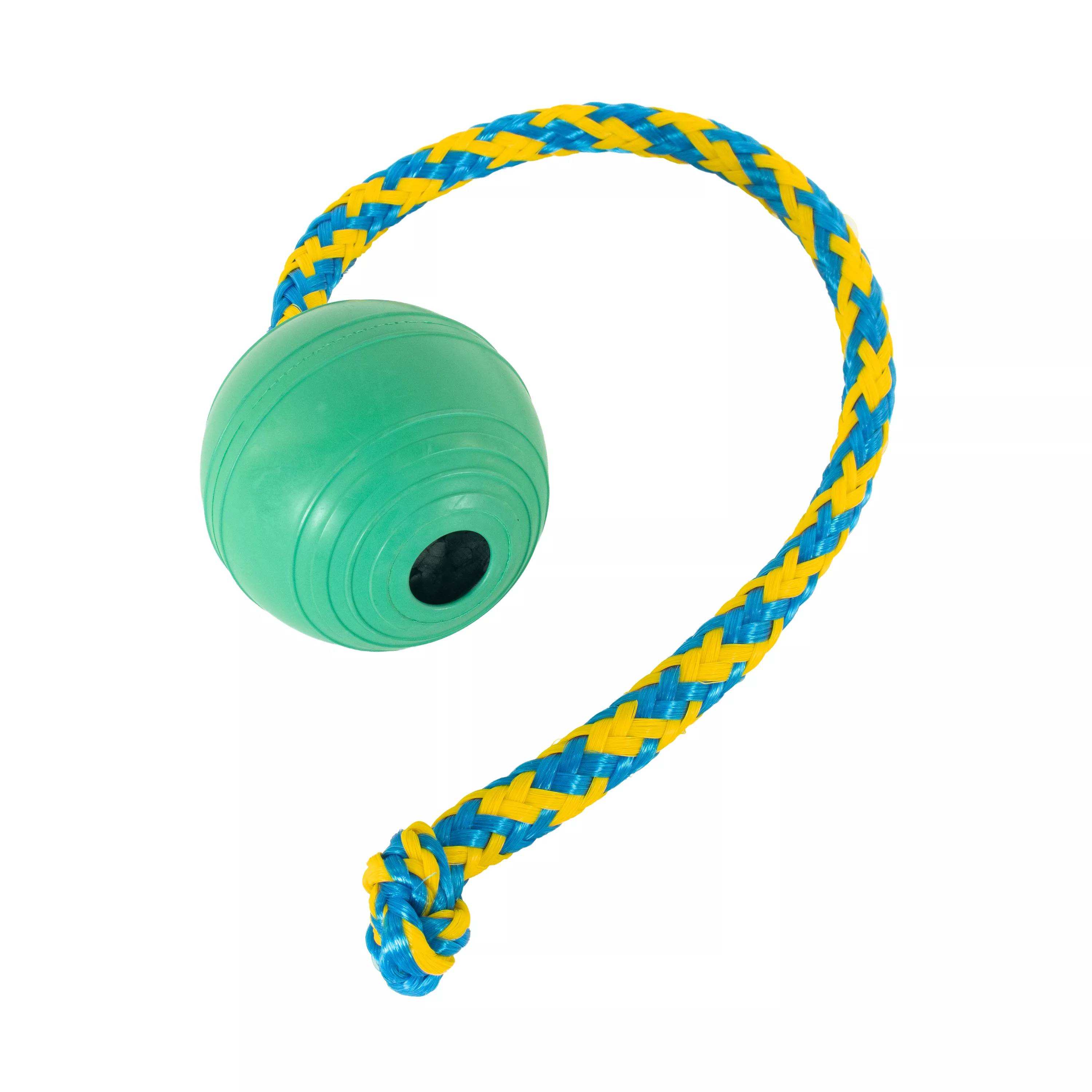Green rubber ball toy attached to a blue and yellow braided rope loop, isolated on a white background.