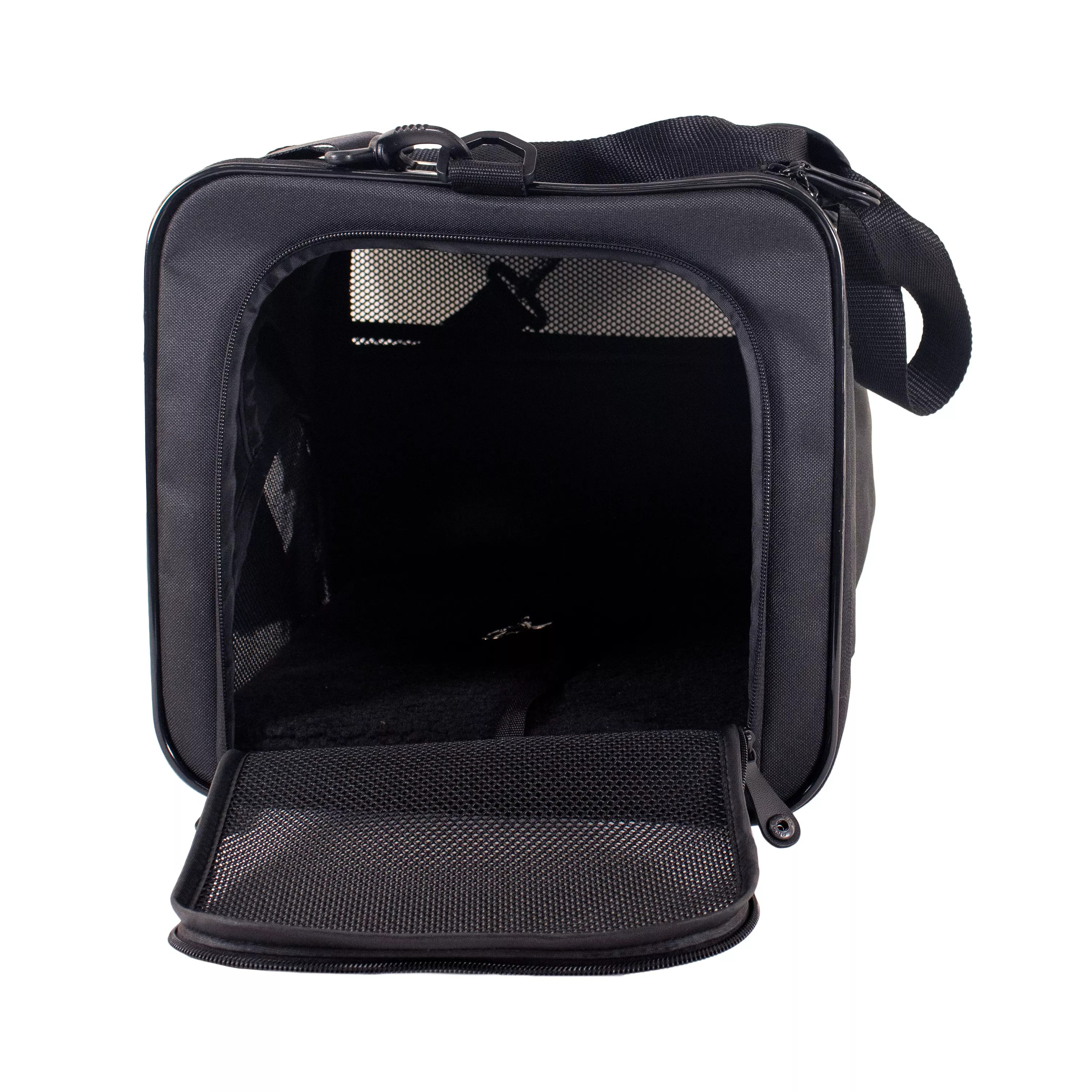 Side-facing view of a black pet carrier with the front mesh door unzipped and folded down, showing the open interior and mesh ventilation panel at the top.