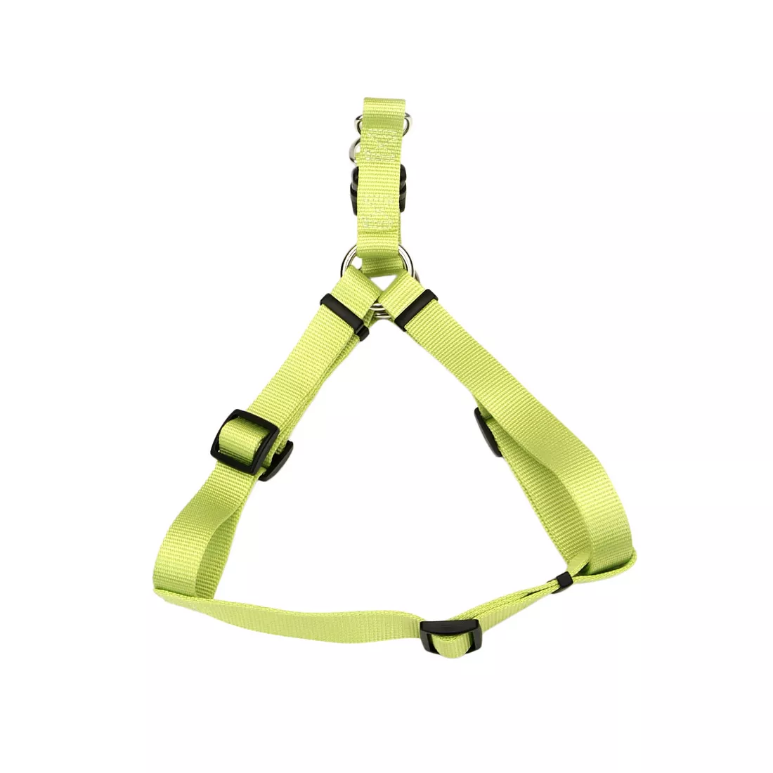 A product‑only image of a bright green adjustable dog harness displayed against a white background. The harness is made of single‑ply woven nylon with a ribbed texture. It features black plastic adjustment sliders, a black plastic buckle, and silver‑tone metal D‑rings joining the strap segments. The harness is positioned upright, showing the arrangement of the neck, chest, and girth straps.