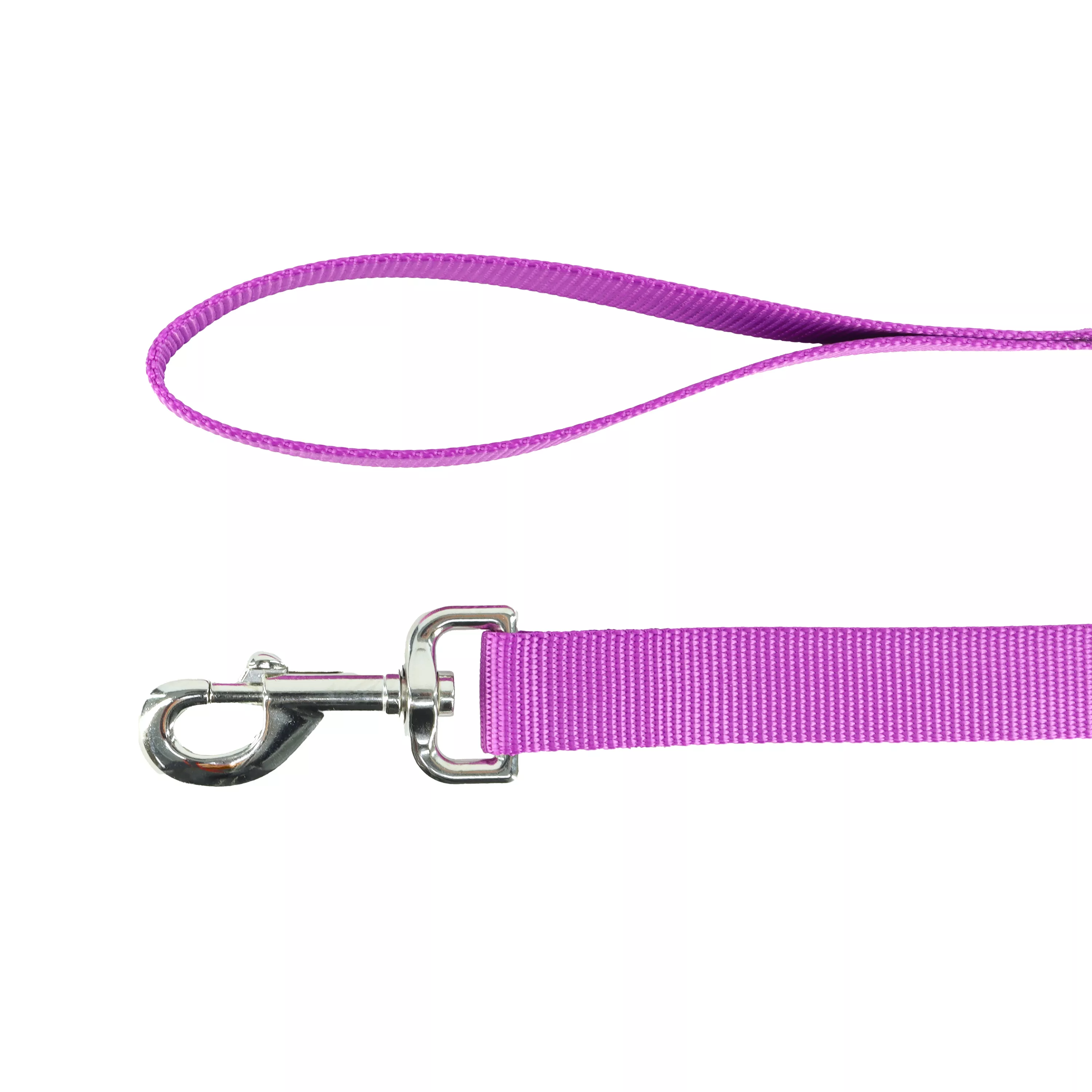 A dog leash handle and snap made of single‑ply woven nylon in an orchid color are displayed against a white background. The handle forms a loop, and the opposite end holds a silver‑colored swivel snap clip with a spring‑loaded clasp.