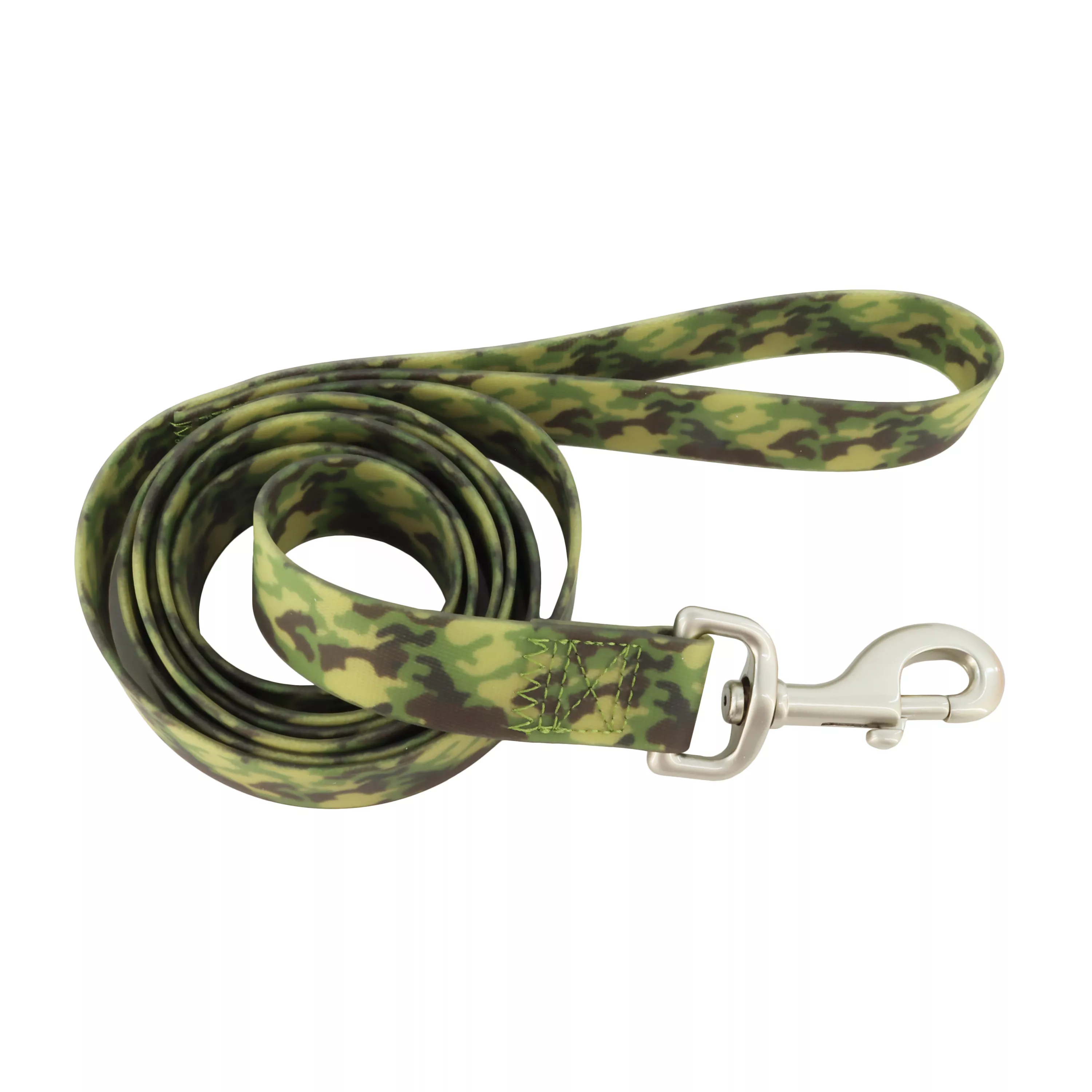 A product‑only photograph displays a waterproof dog leash against a solid white background. The leash features a camouflage pattern composed of green, olive, tan, and brown organic shapes. The surface appears smooth and waterproof. A silver‑colored metal swivel clip is attached at one end.