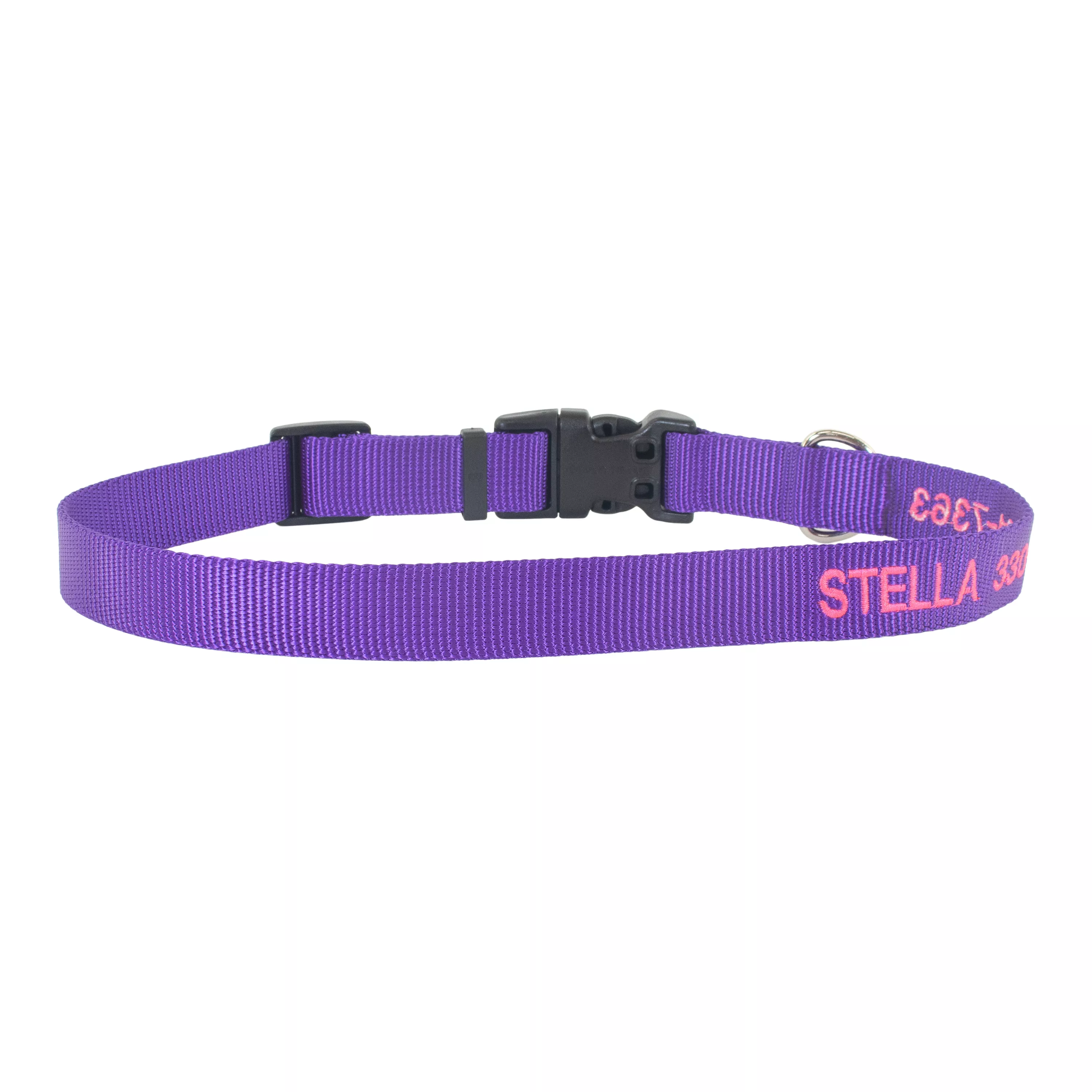 Purple personalized nylon dog collar with pink embroidered text showing a pet name and phone number, featuring an adjustable strap, side-release buckle, and metal D-ring.