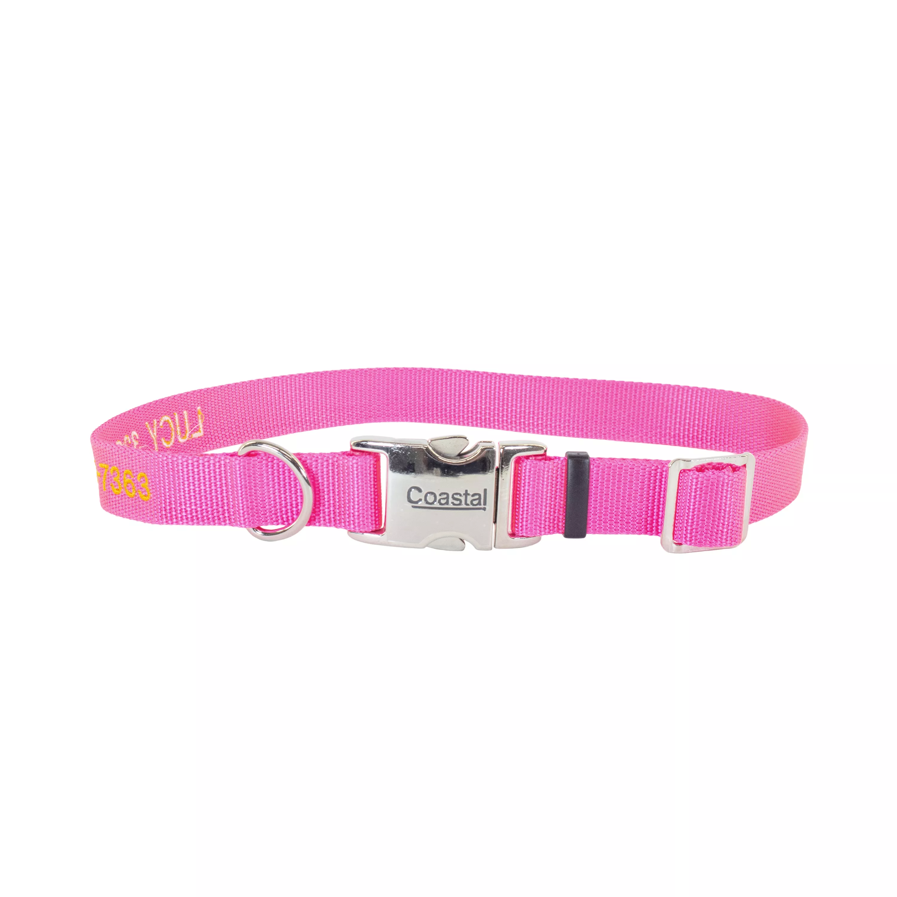 Pink nylon dog collar with yellow embroidered personalization reading “LUCY 330-821-7363,” featuring a metal D-ring and buckle.