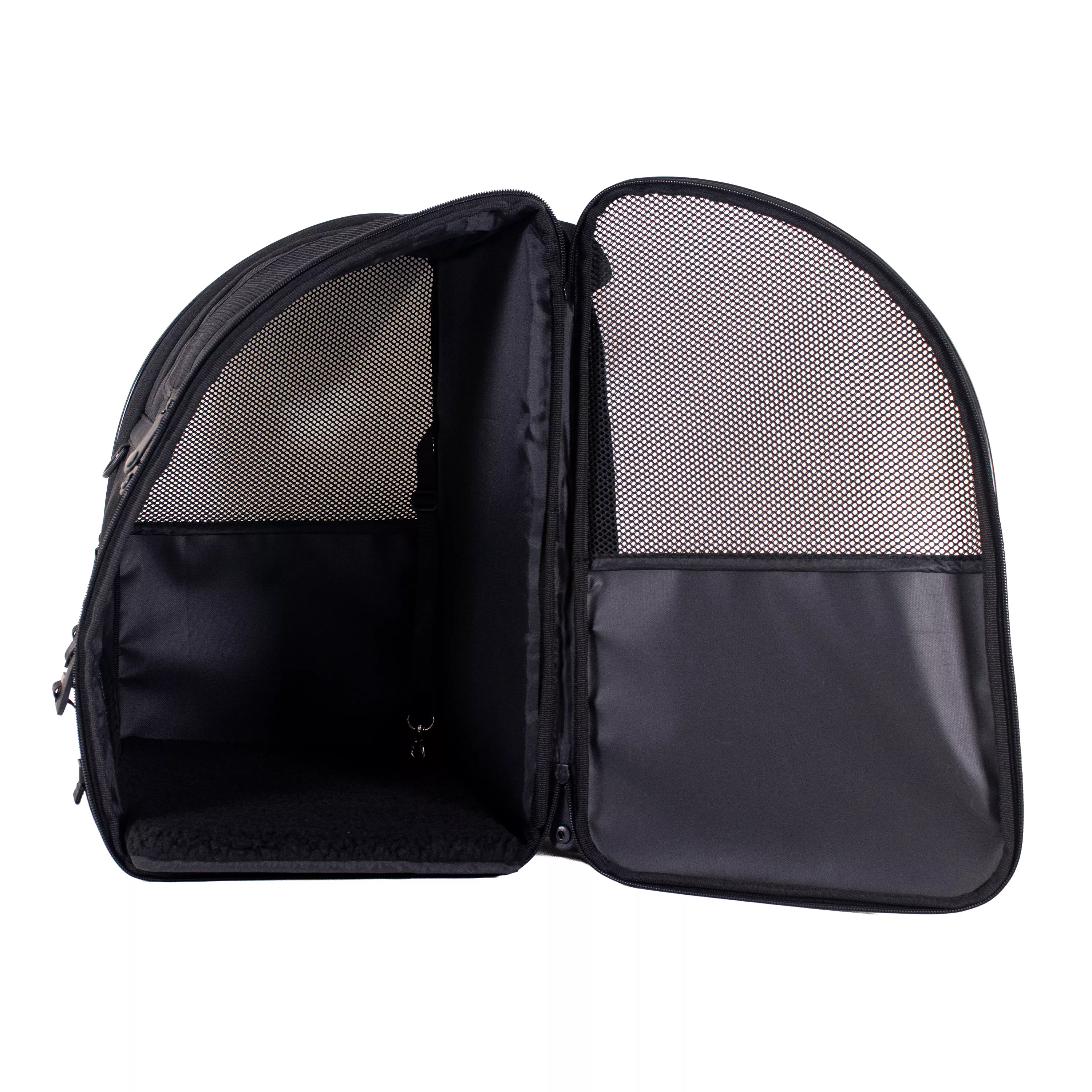 Side view of the pet carrier with the fleece pad removed and the front mesh doorway unzipped and open.