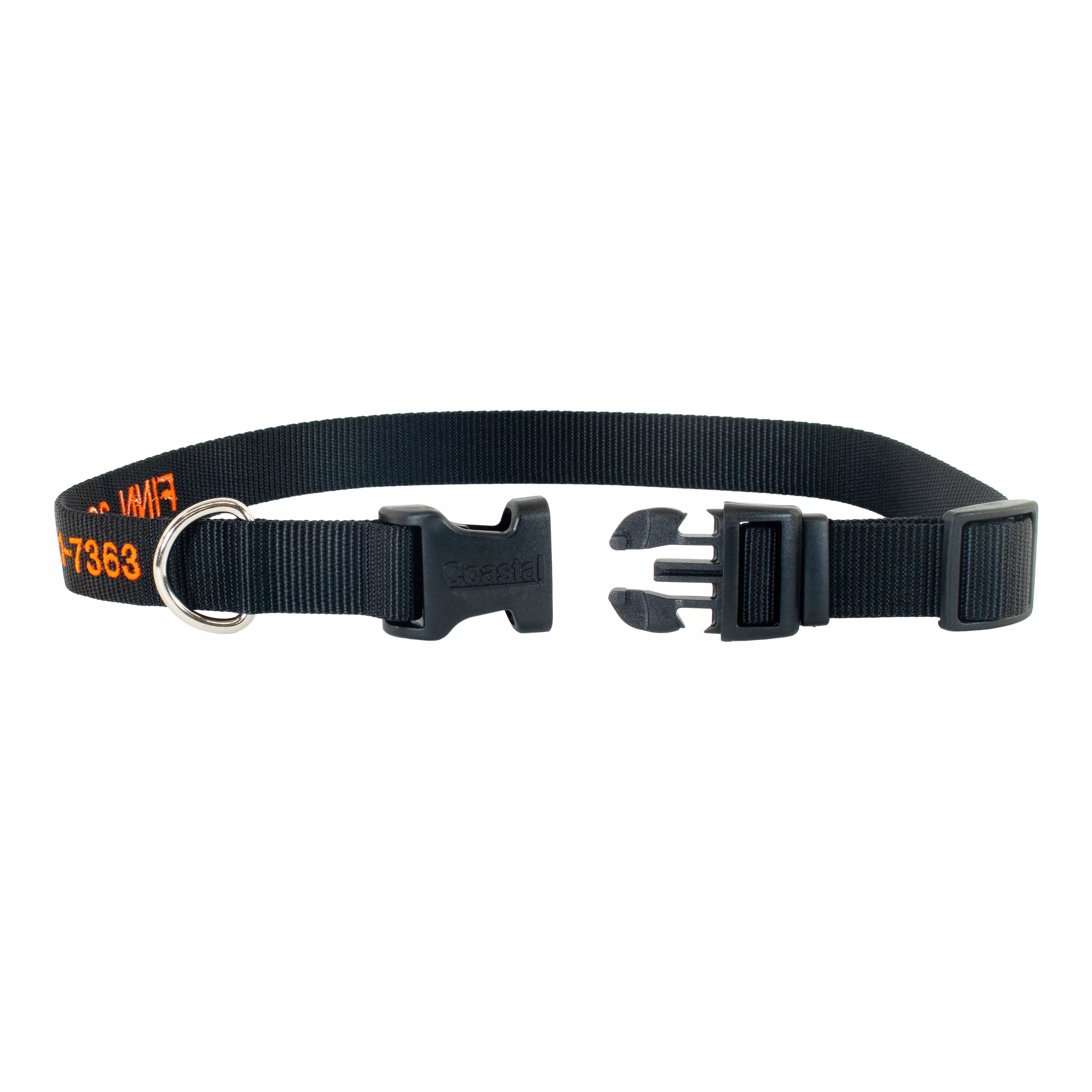 Black personalized nylon dog collar with orange embroidered text showing a pet name and phone number, featuring an adjustable strap, side-release buckle, and metal D-ring.