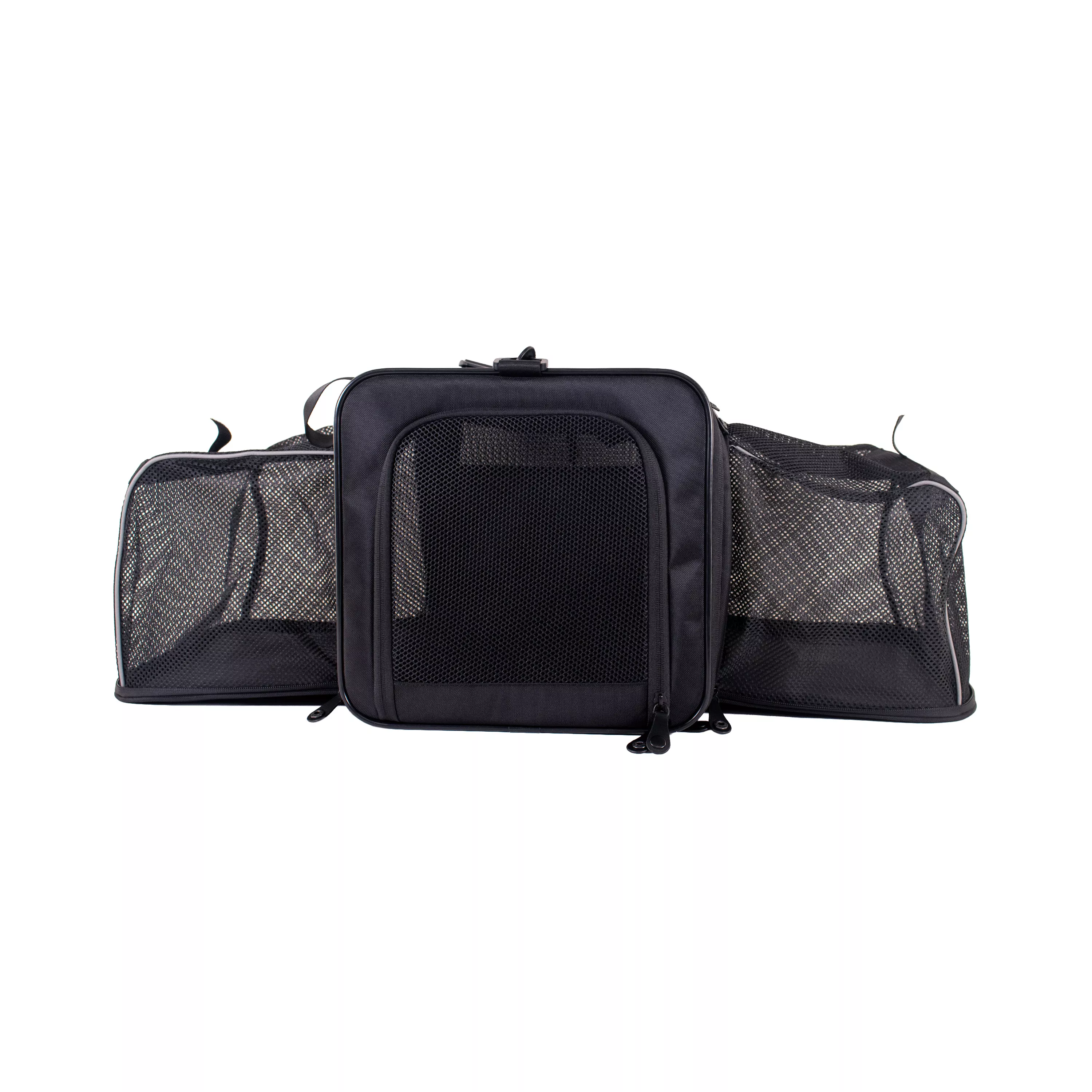 Front view of the tote carrier with both expandable side compartments fully extended, showing mesh panels on each side.
