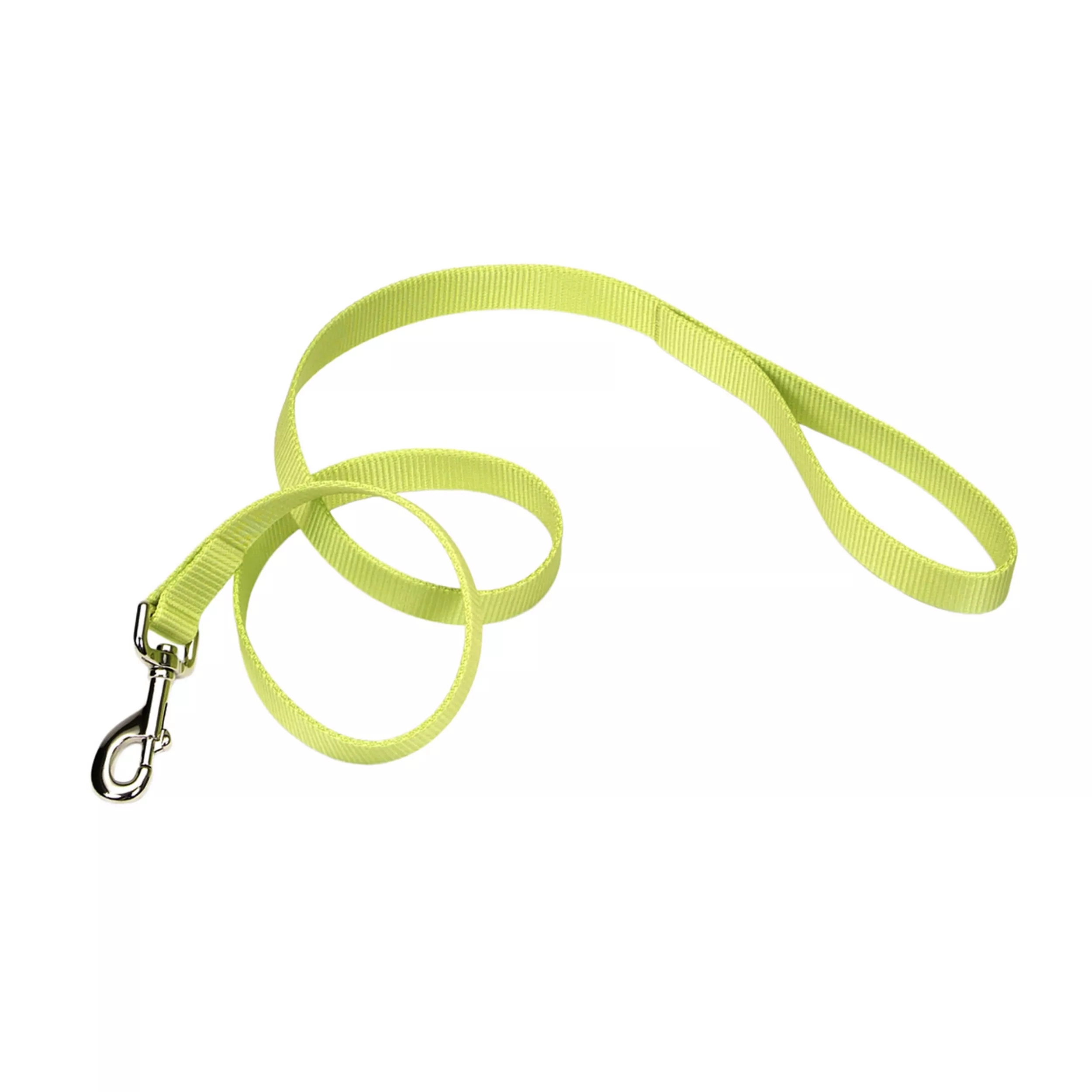 A product‑only image of a lime single‑ply dog leash displayed against a white background. The leash is made of woven nylon with a ribbed texture and a bright green color. One end contains a looped handle, and the opposite end features a silver‑tone metal swivel bolt‑snap clasp attached with a folded stitched section. The leash is coiled to show its length and material.