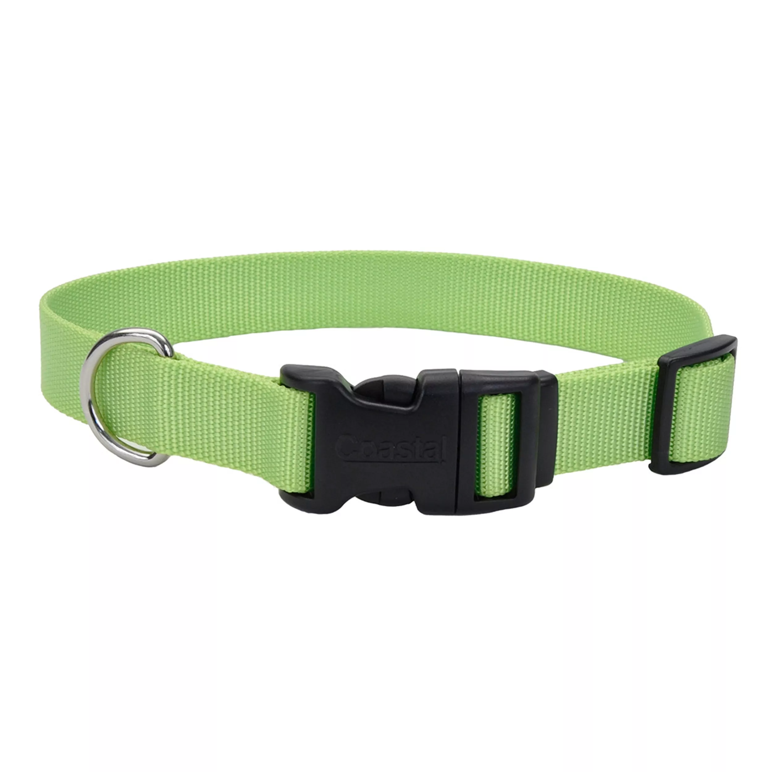 A product‑only image of a bright green adjustable dog collar on a white background. The collar features a woven nylon strap with a ribbed texture. A black plastic side‑release buckle sits at the center, and a matching black plastic adjustment slider is positioned along the strap. A silver‑tone metal D‑ring is attached next to the buckle with reinforced stitching at the strap loop.