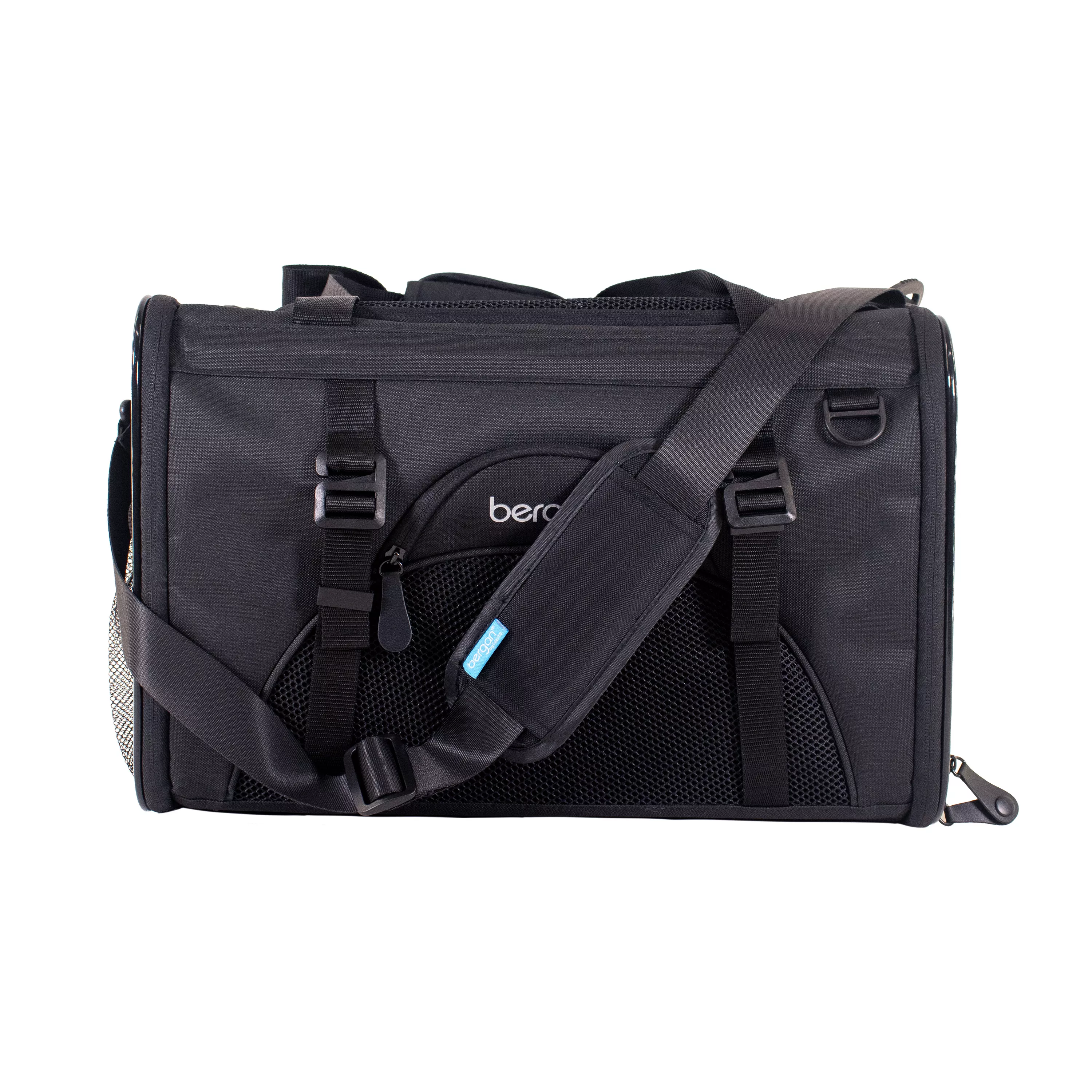 Front view of the black pet carrier with the padded shoulder strap draped across the front, showing the PetConnect pocket, mesh panel, and adjustable g‑hook straps on each side.