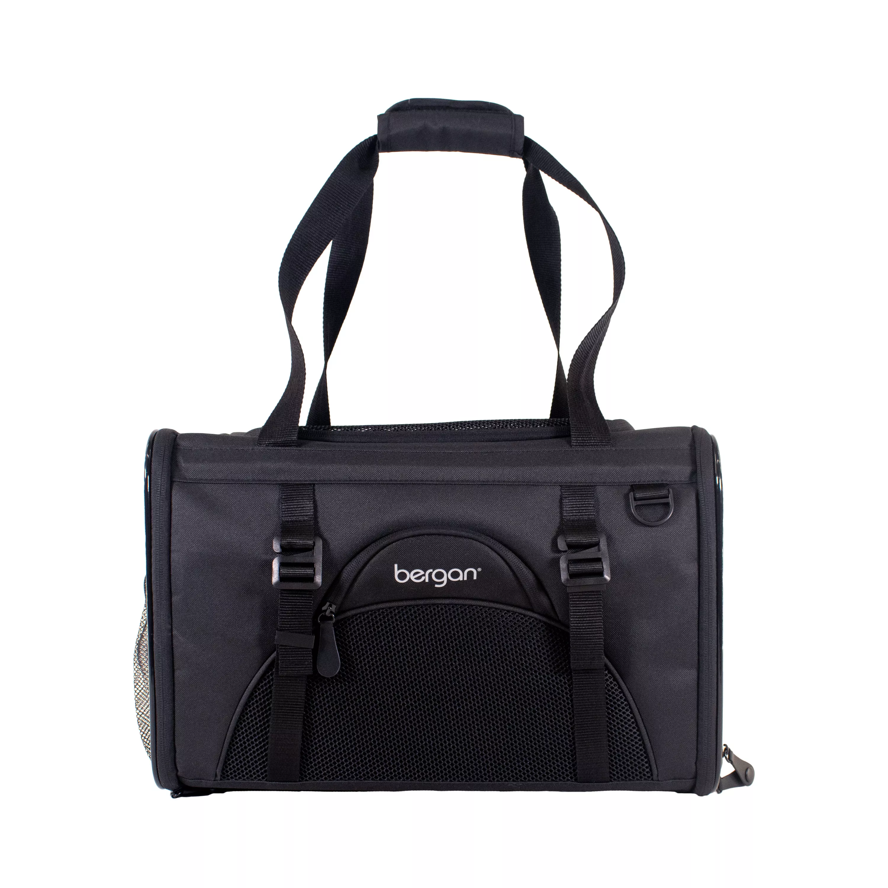 Front view of a black pet carrier with two long shoulder straps extended upward, a small zippered pocket with the brand name on the front, and adjustable buckle straps running vertically along the sides.