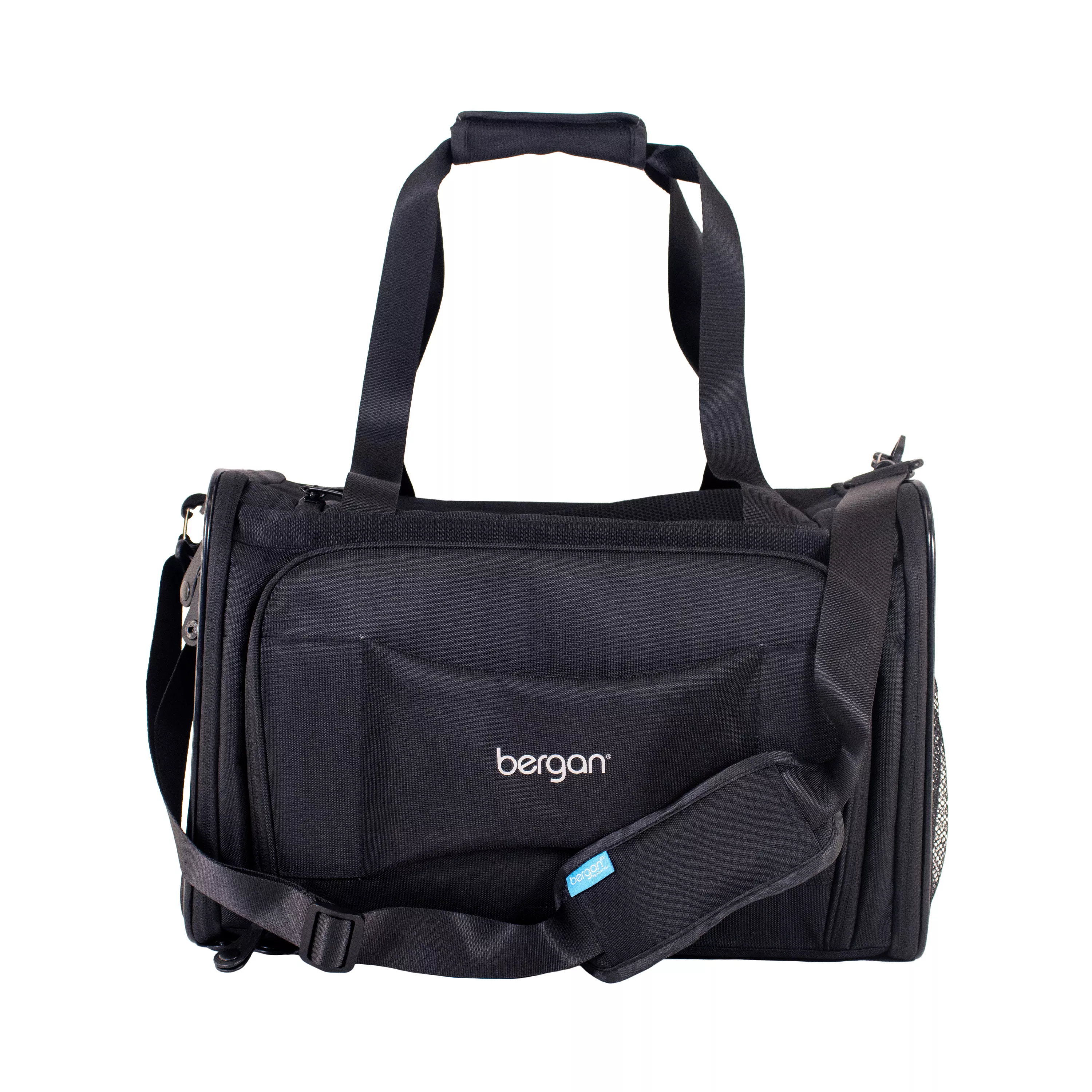 Front view of the expandable tote carrier with both top handles upright and the padded shoulder strap resting across the front pocket.