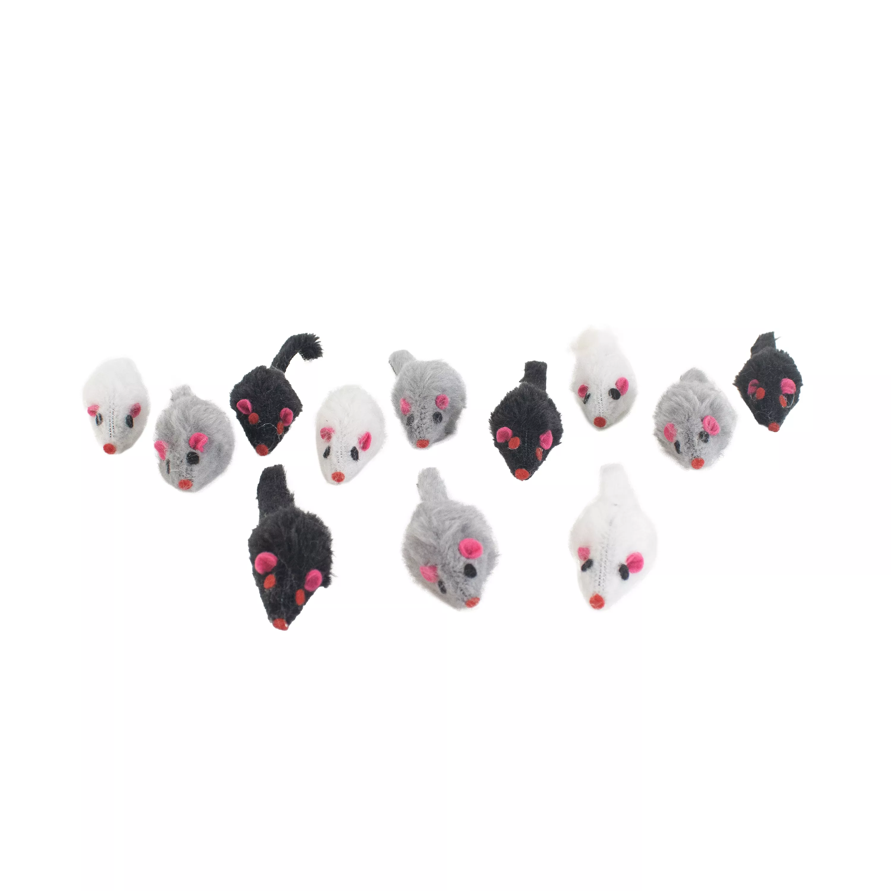 A group of assorted mouse‑shaped cat toys is displayed on a white background. The toys vary in color and material, including gray, black, white, and brown. Some mice have fabric bodies with short faux‑fur textures, while others have smooth fabric finishes. Each toy has a tail made of string or thin cord. Several mice have small red accents at the nose area.
