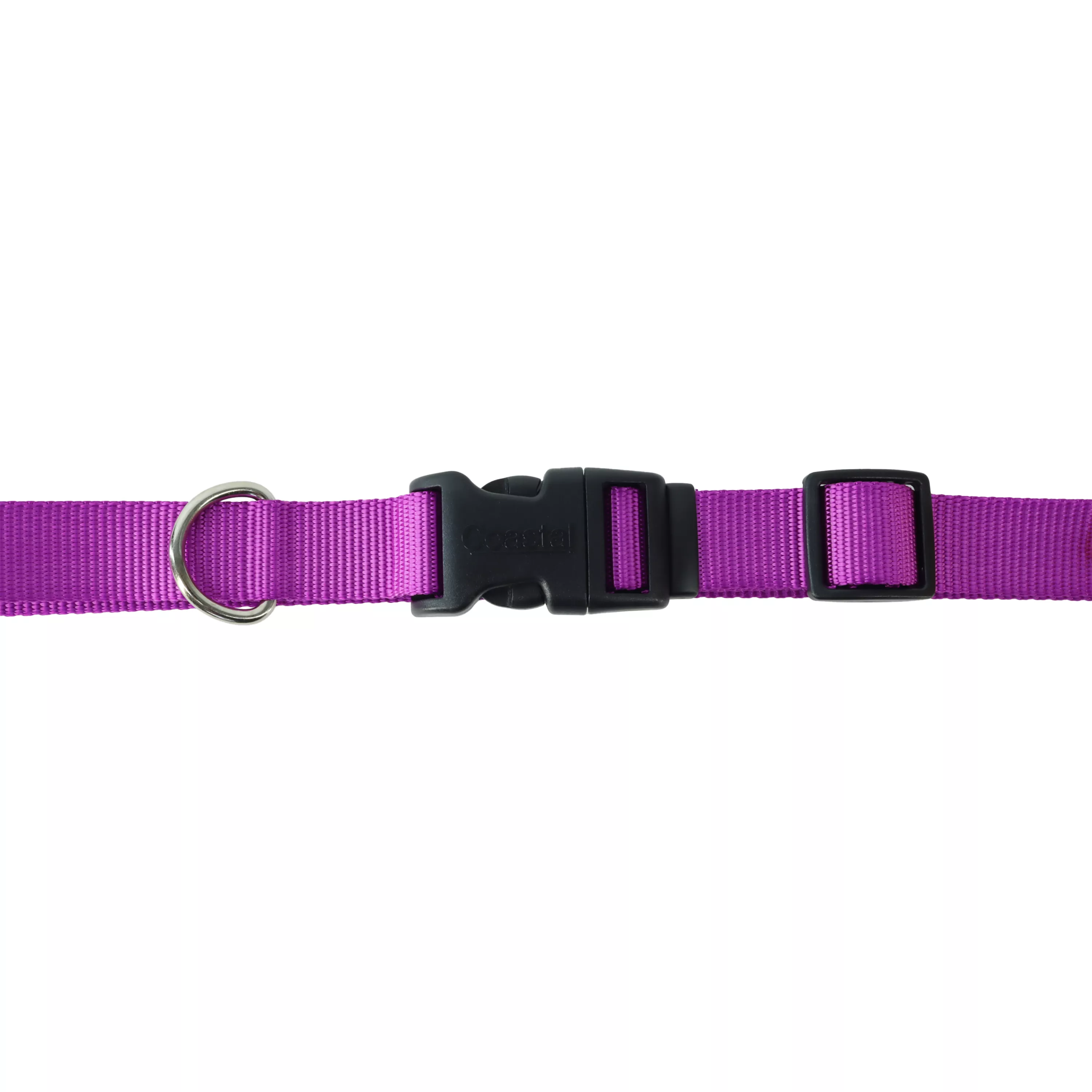 A product‑only image of a purple adjustable dog collar displayed against a white background. The collar is made of woven nylon with a purple color and a ribbed strap texture. A black plastic side‑release buckle is centered on the collar. A black plastic adjustment slider is positioned along the strap. A silver‑tone metal D‑ring is attached beside the buckle with reinforced stitching securing the folded strap.