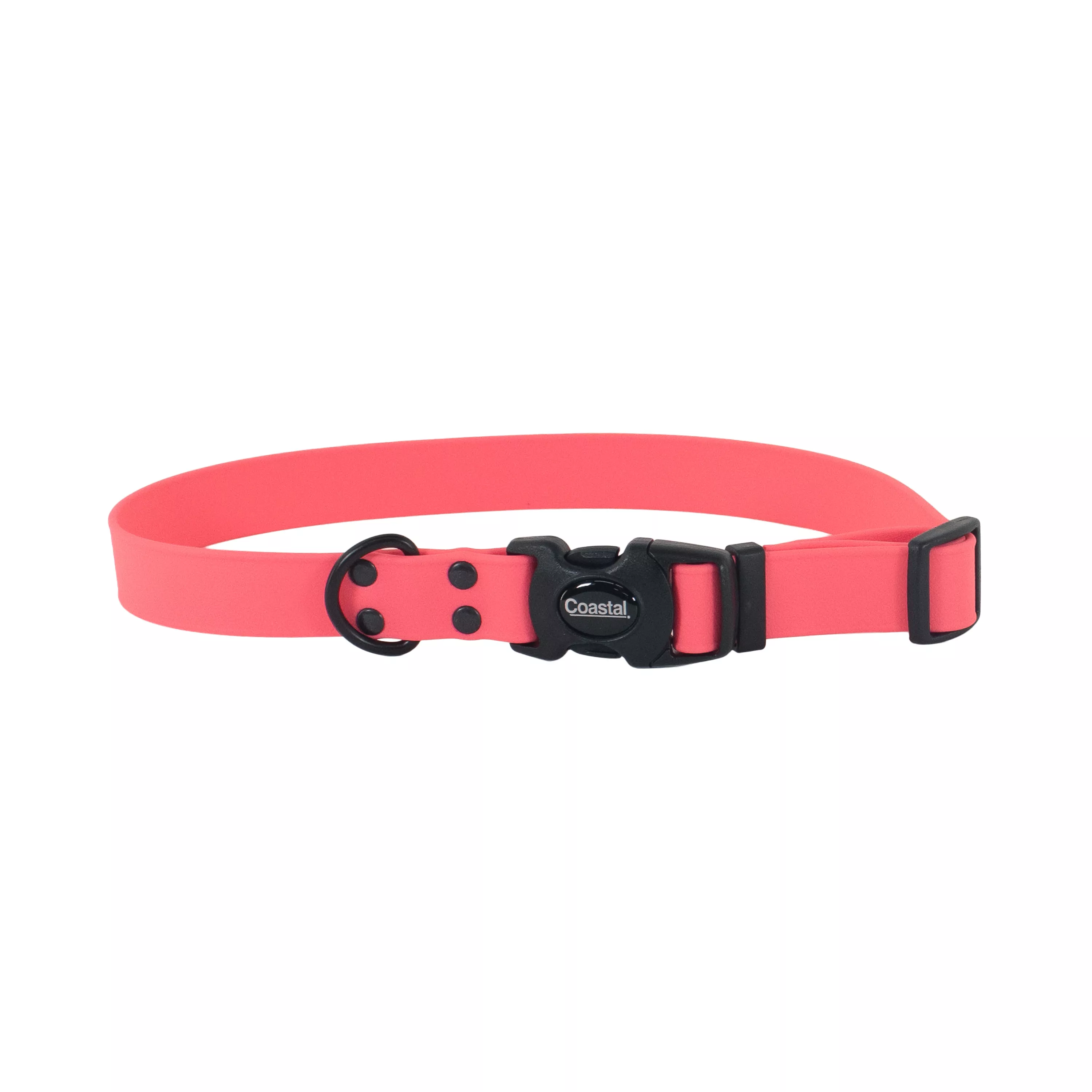 Coral‑pink BioThane waterproof dog collar shown flat with a black plastic buckle and black metal rivets.