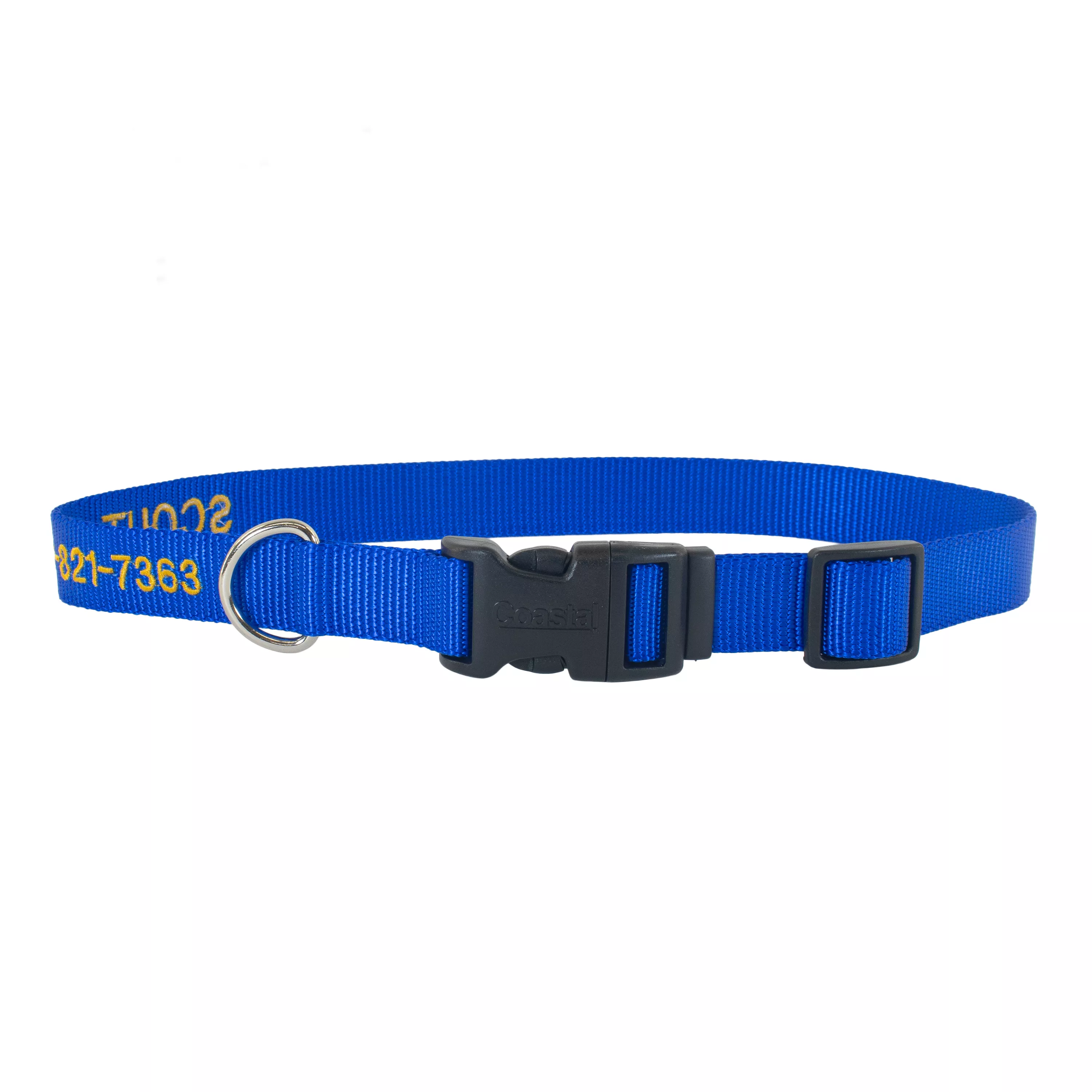 Blue personalized nylon dog collar with gold embroidered text showing a pet name and phone number, featuring an adjustable strap, side-release buckle, and metal D-ring.