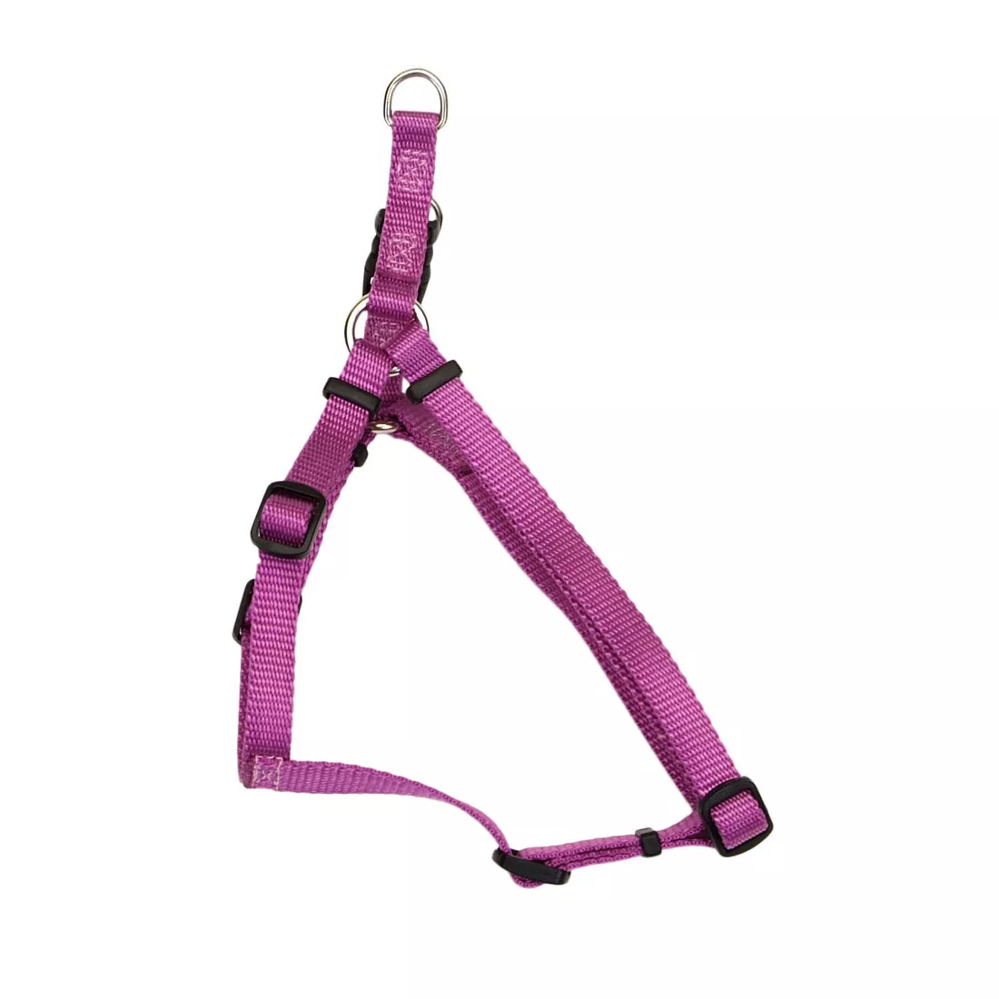 A product‑only image of a light purple adjustable dog harness displayed against a white background. The harness is made of single‑ply woven nylon with a ribbed texture. It features black plastic adjustment sliders, a black plastic buckle, and silver‑tone metal D‑rings joining the strap segments. The harness is positioned upright, showing the arrangement of the neck, chest, and girth straps.