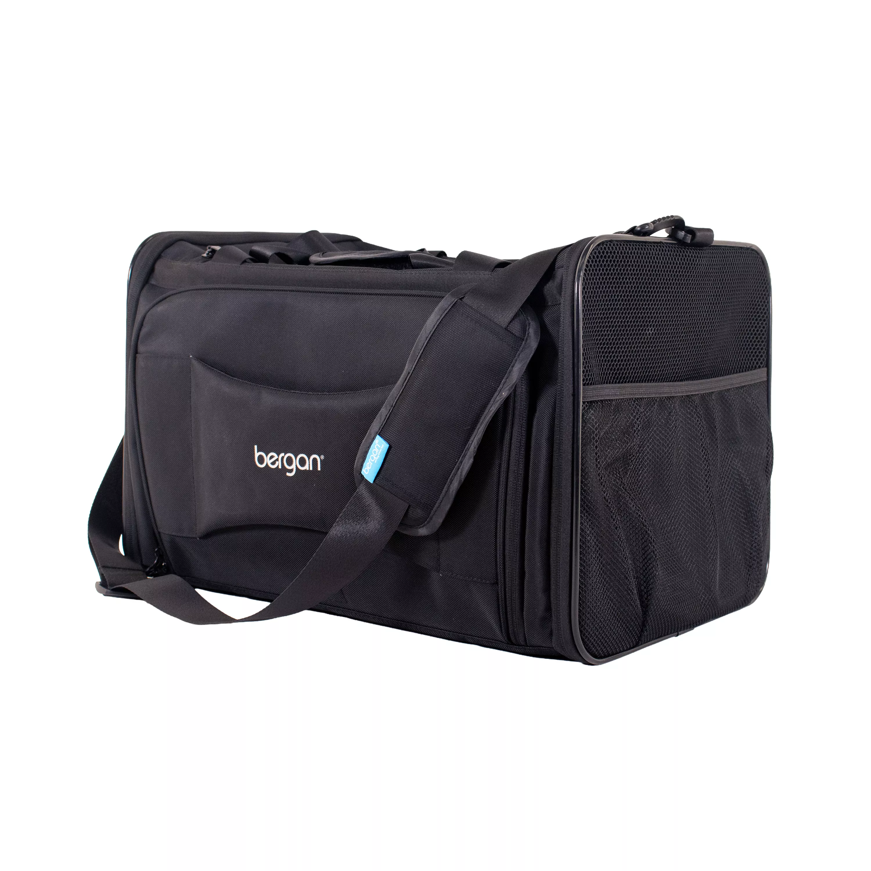 Angled front‑side view of the tote showing the padded shoulder strap attached and mesh window on the front panel.