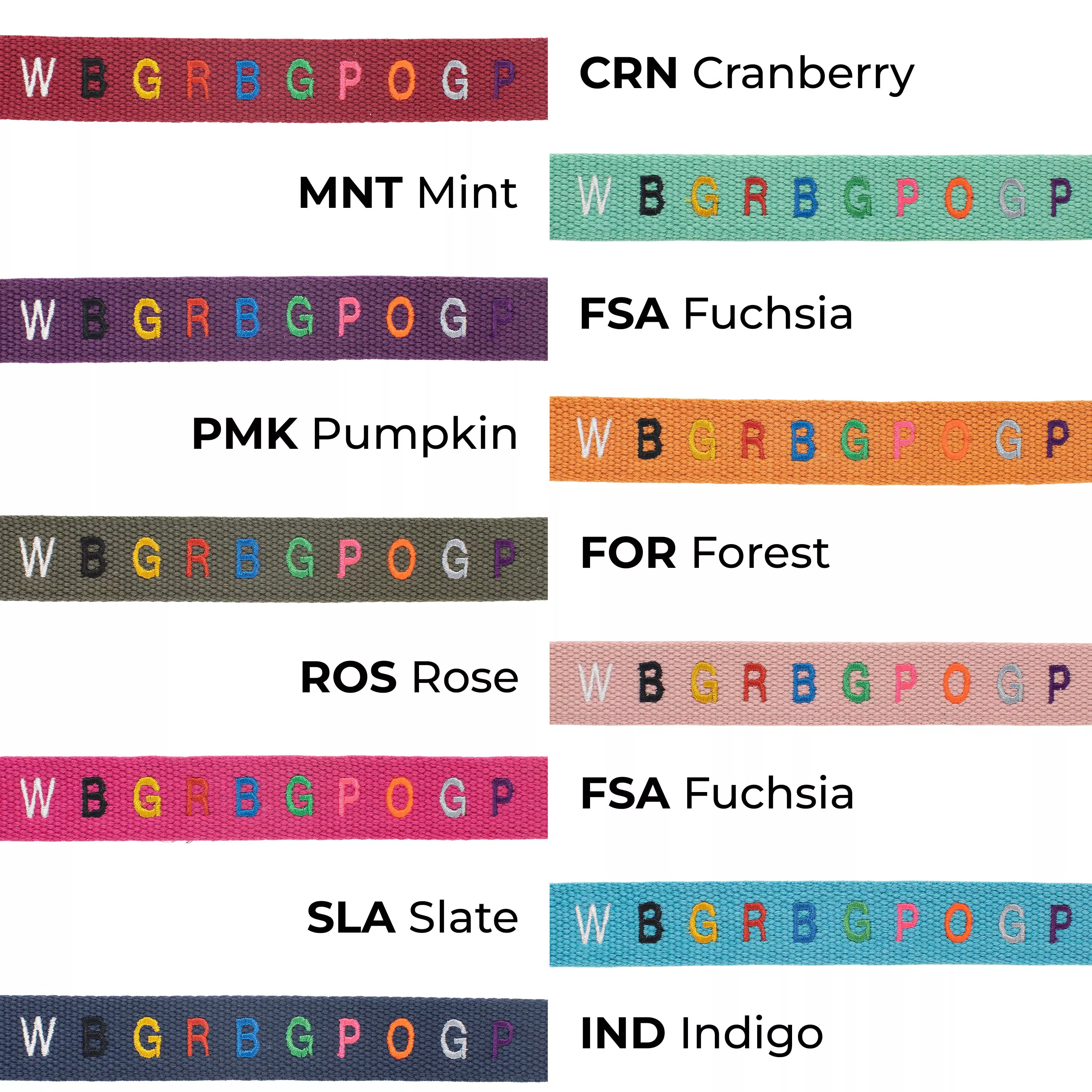 Swatch chart showing eight personalized collar color options with multicolor embroidered sample lettering. Colors are labeled: CRN Cranberry (red), MNT Mint (light green), FSA Fuchsia (bright pink), PMK Pumpkin (orange), FOR Forest (dark green), ROS Rose (light pink), SLA Slate (light blue), and IND Indigo (dark blue). Each swatch displays the same embroidered alphabet sample in assorted thread colors.