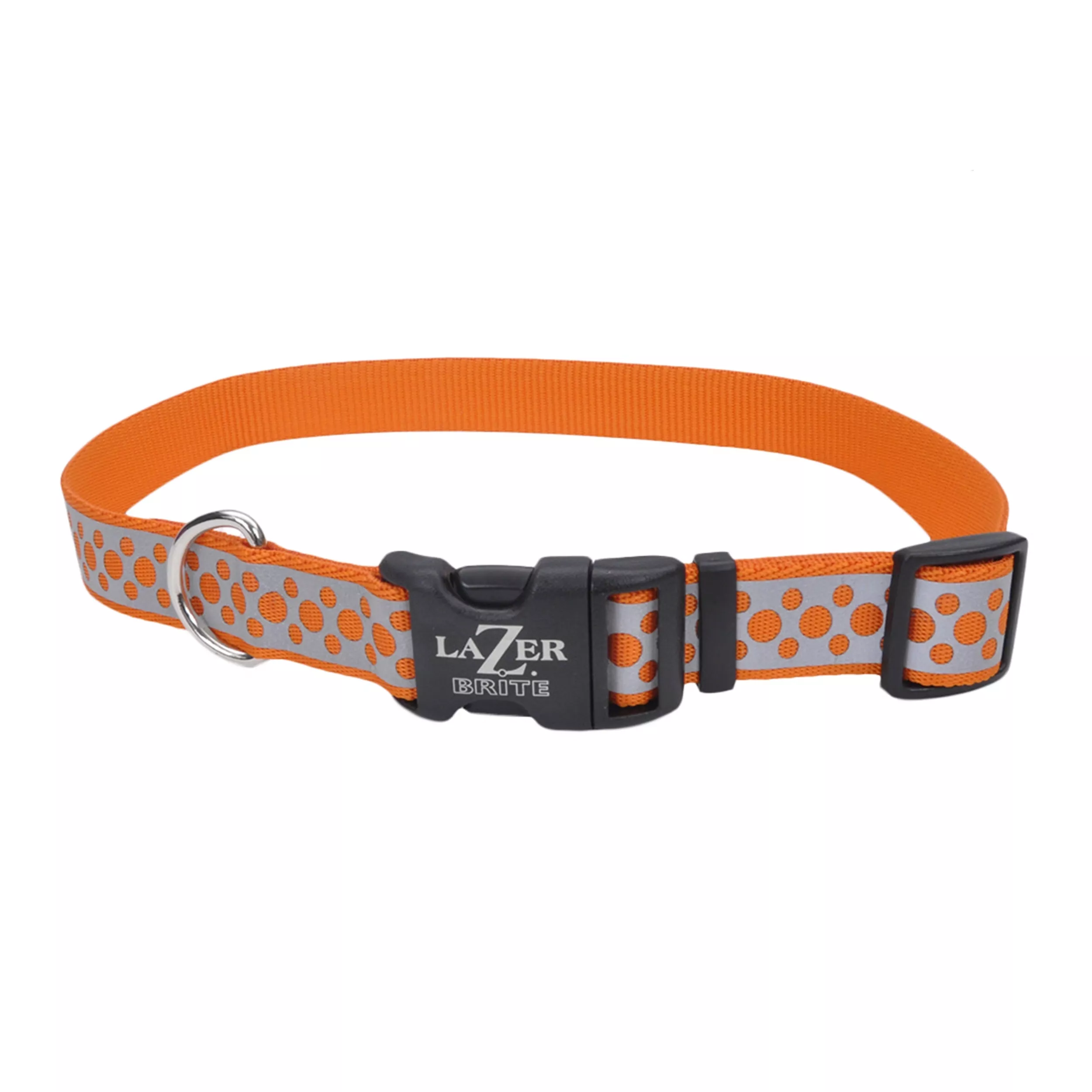 An orange open‑design dog collar is displayed against a white background. The collar has bright orange woven webbing with a light‑gray reflective strip cut into linked abstract ring shapes. It features a black plastic buckle, a black adjustment slide, and a silver metal D‑ring.