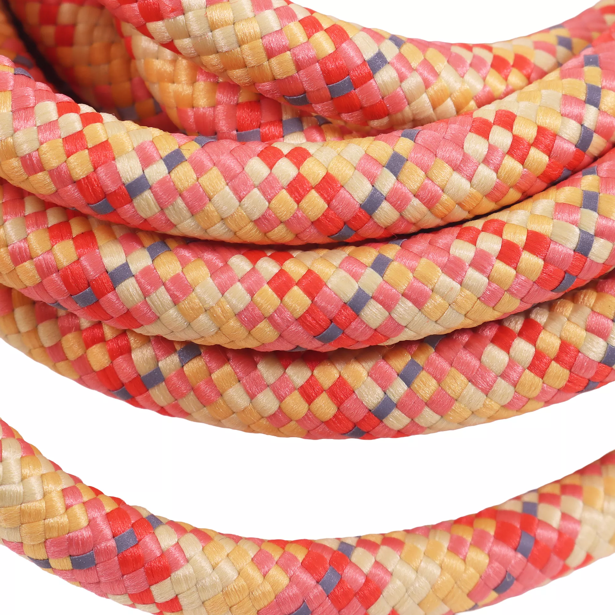 A rope training leash displayed coiled on a white background. The rope features a multicolor braid in red, yellow, and orange tones. The rounded rope construction shows a dense weave with consistent thickness and visible strand detail.