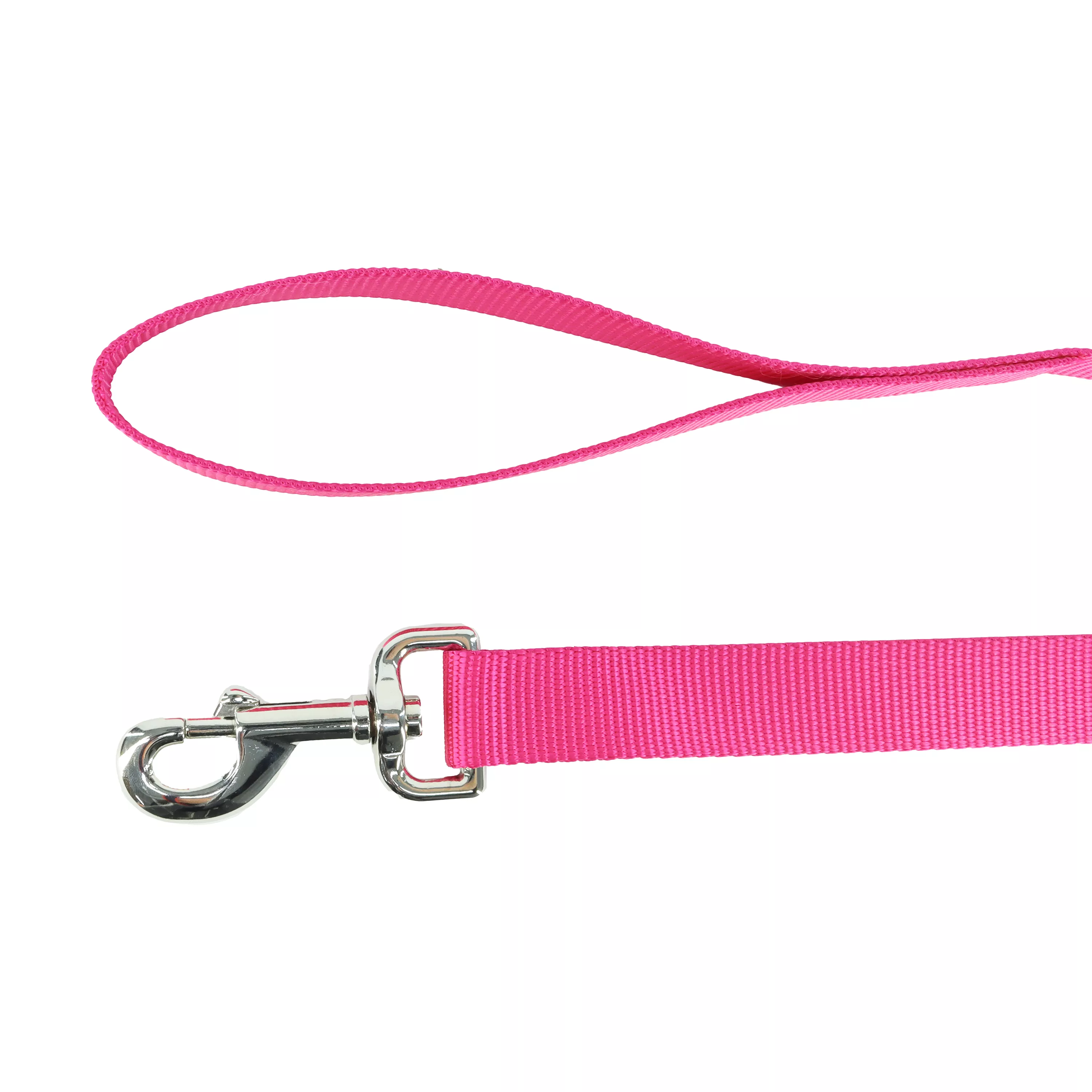 A flamingo‑pink single‑ply woven nylon dog leash handle and snap are displayed on a white background. The handle forms a loop with reinforced stitching. The silver‑colored metal snap clip on the opposite end includes a swiveling base and spring‑loaded clasp.