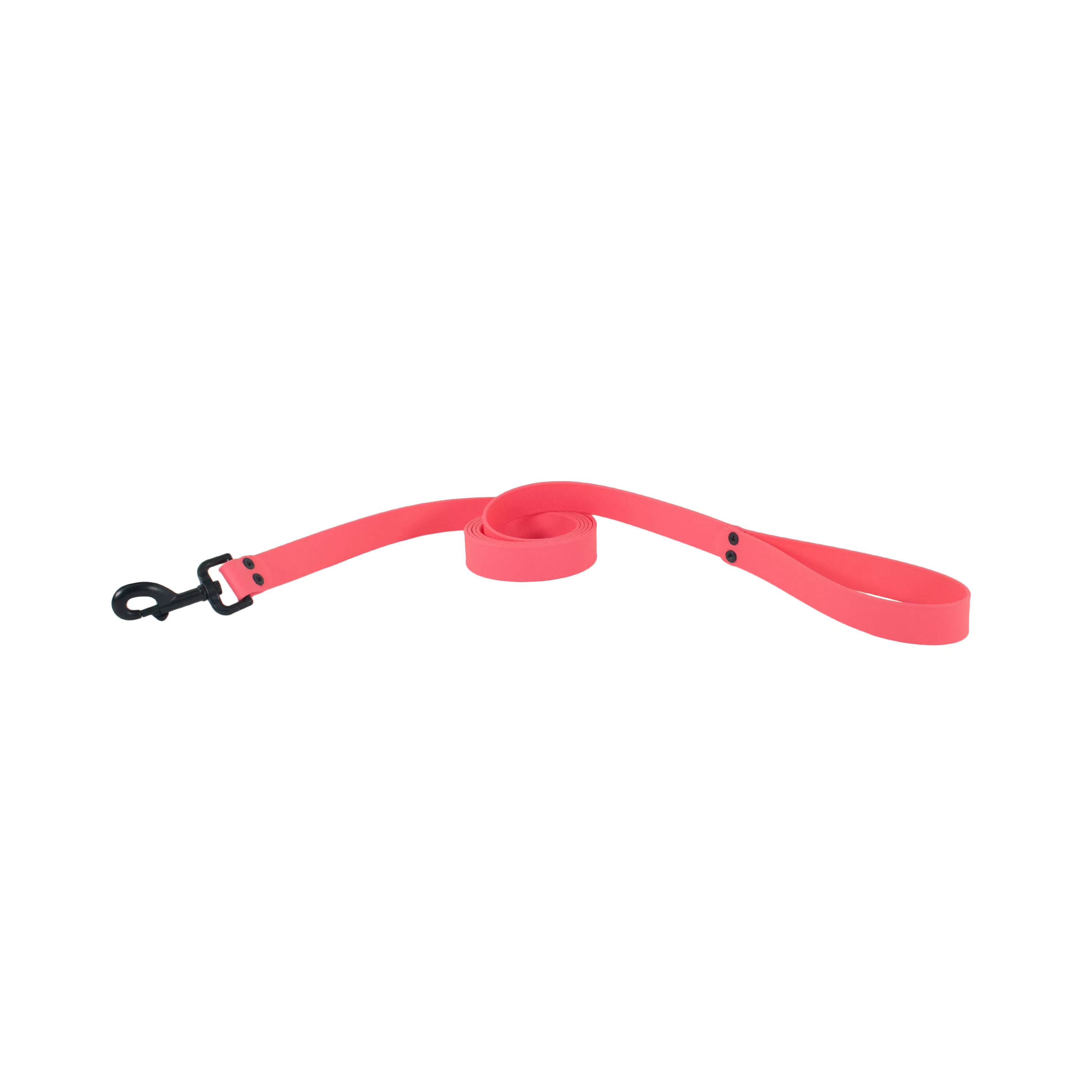 Coral BioThane waterproof leash loosely coiled with the black metal swivel snap resting on top.